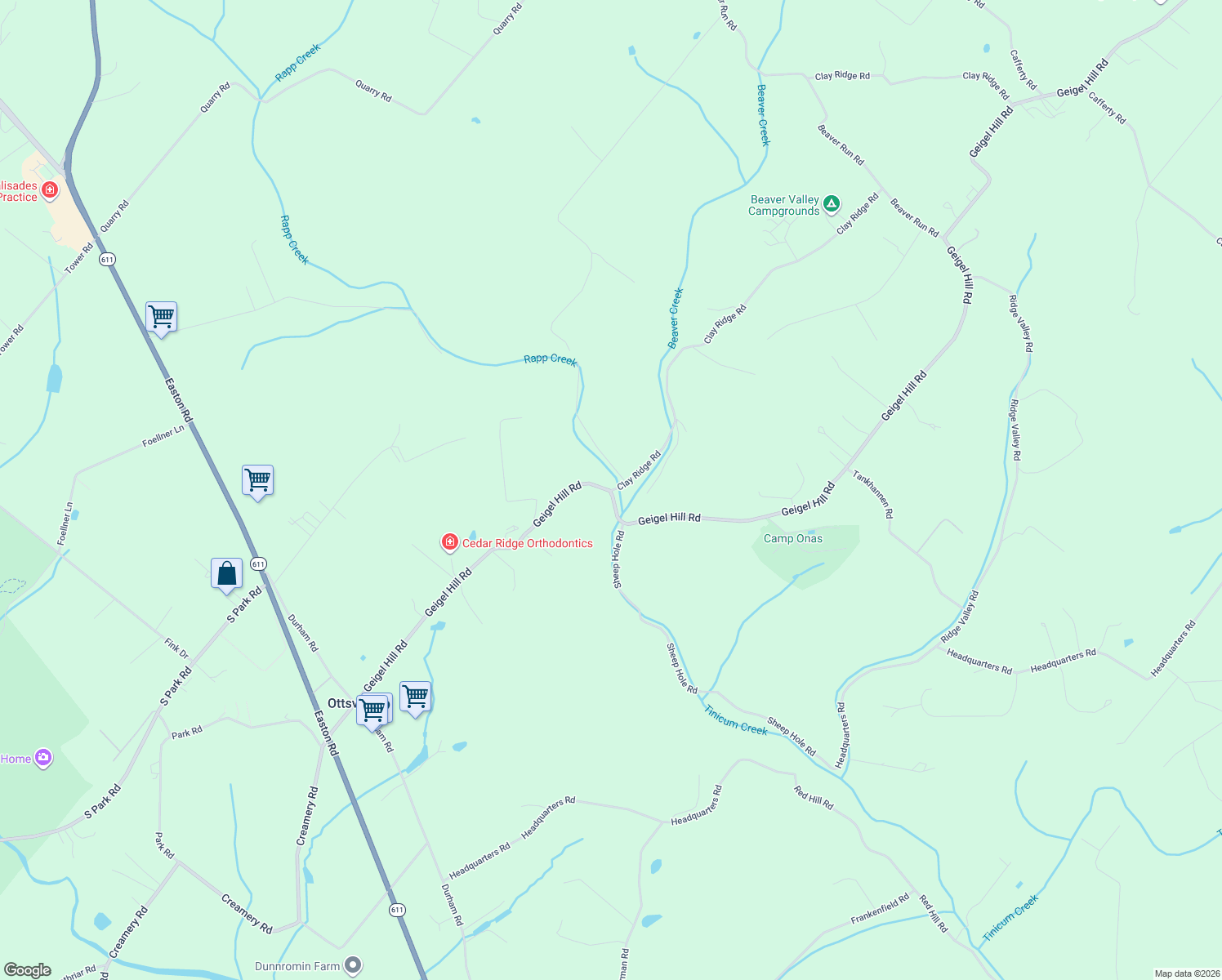 map of restaurants, bars, coffee shops, grocery stores, and more near 657 Geigel Hill Road in Ottsville