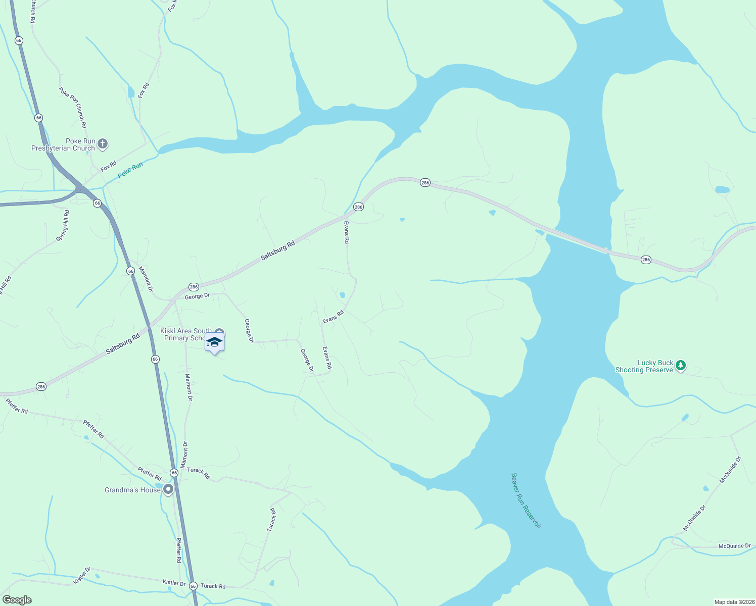 map of restaurants, bars, coffee shops, grocery stores, and more near 349 Hunters Lane in Export