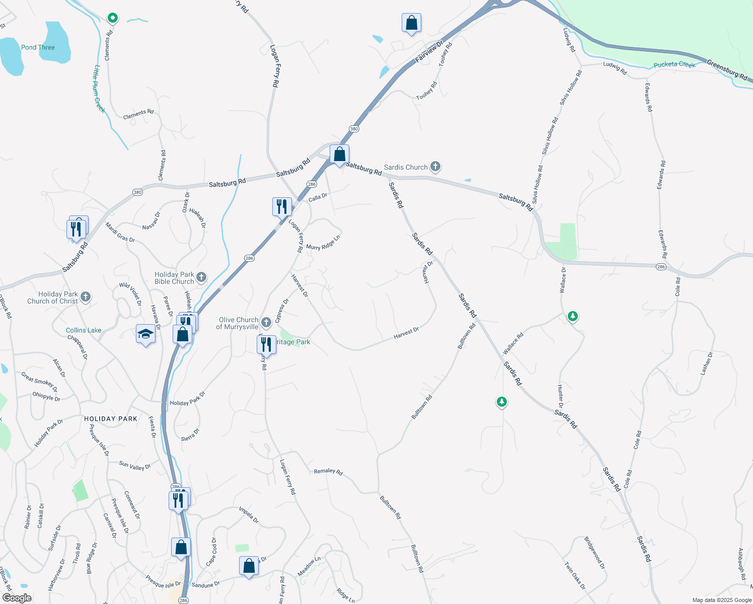map of restaurants, bars, coffee shops, grocery stores, and more near 3160 Barberry Court in Murrysville