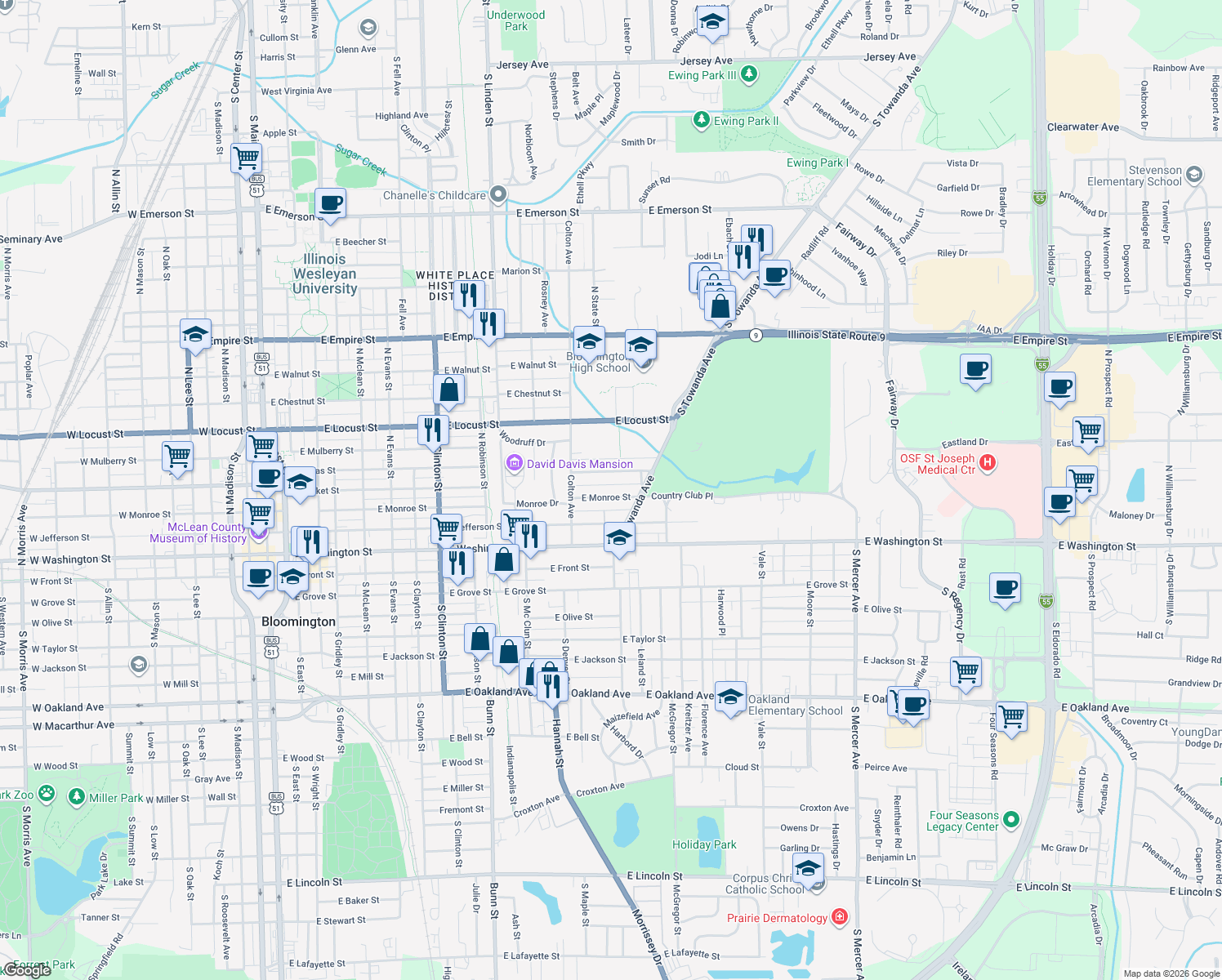 map of restaurants, bars, coffee shops, grocery stores, and more near 1114 E Monroe St in Bloomington