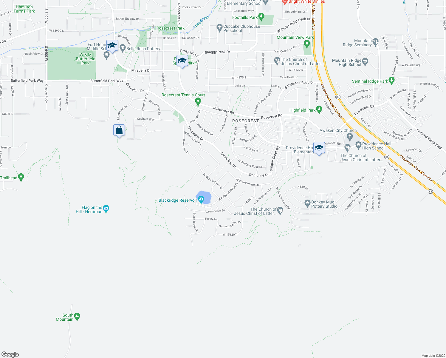 map of restaurants, bars, coffee shops, grocery stores, and more near 14789 South Briar Park Road in Herriman