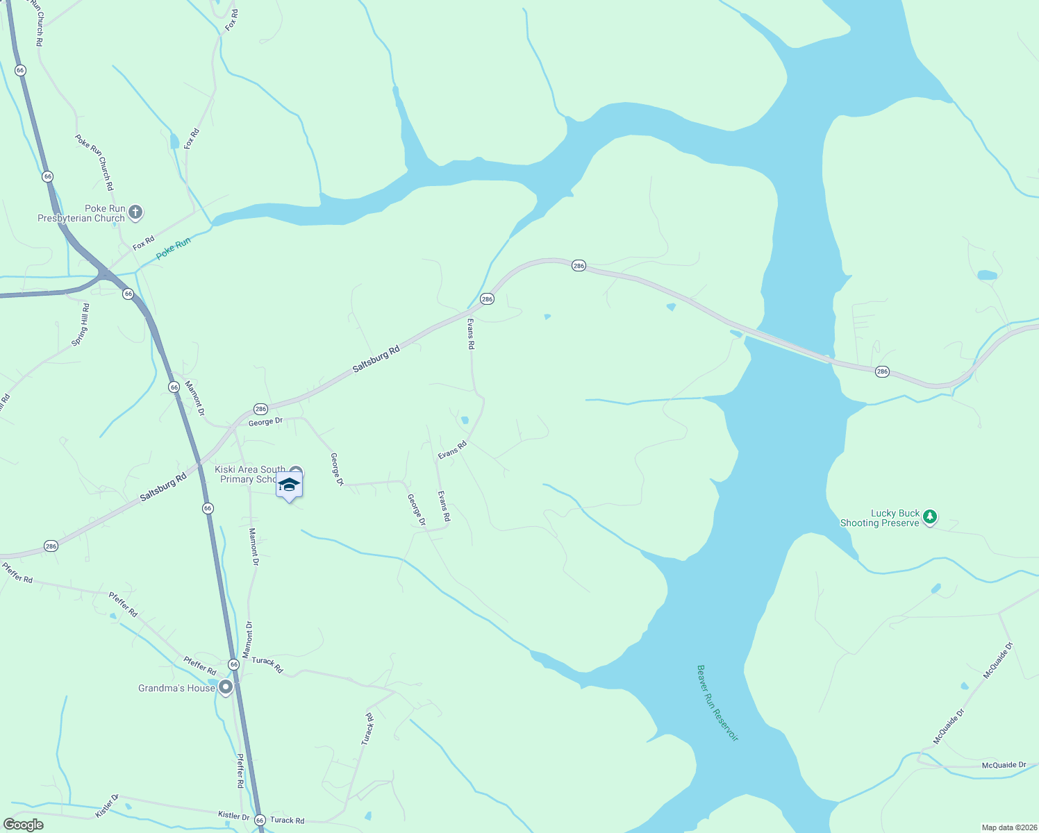 map of restaurants, bars, coffee shops, grocery stores, and more near 349 Hunters Lane in Export