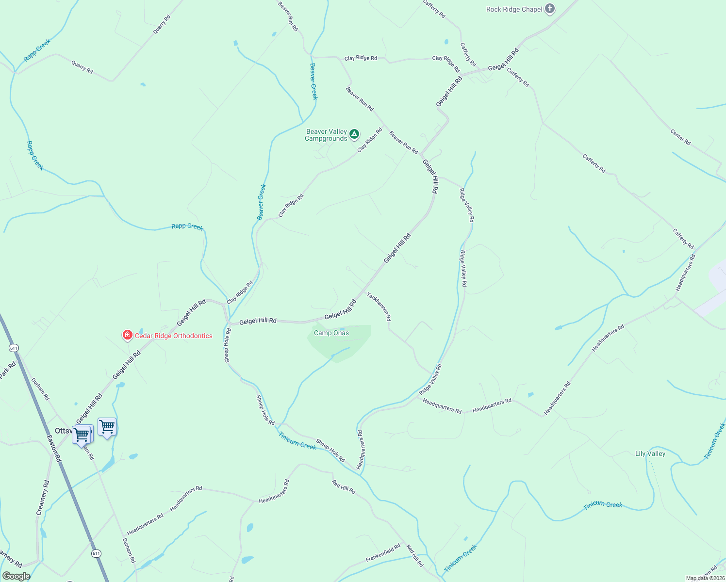 map of restaurants, bars, coffee shops, grocery stores, and more near 574 Geigel Hill Road in Ottsville