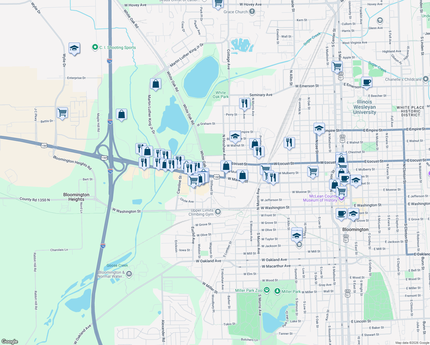 map of restaurants, bars, coffee shops, grocery stores, and more near 1414 1/2 W Mulberry St in Bloomington