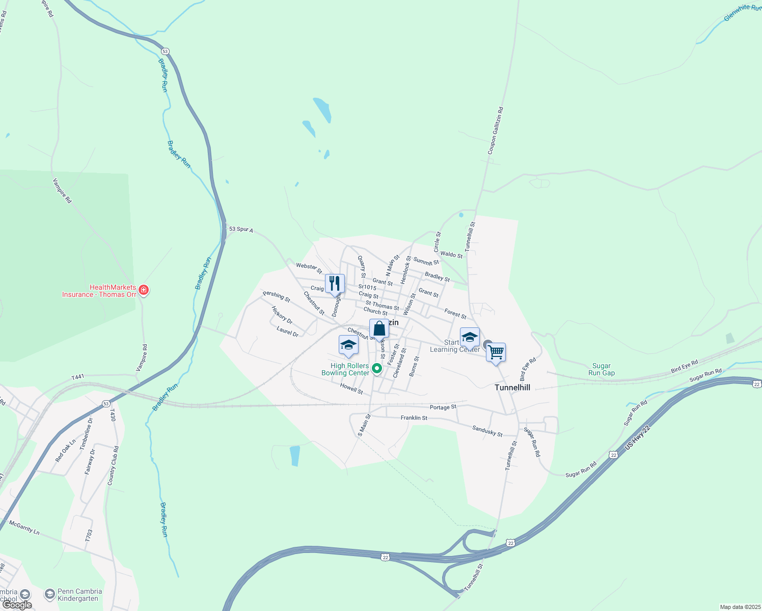map of restaurants, bars, coffee shops, grocery stores, and more near 399 St Thomas St in Gallitzin