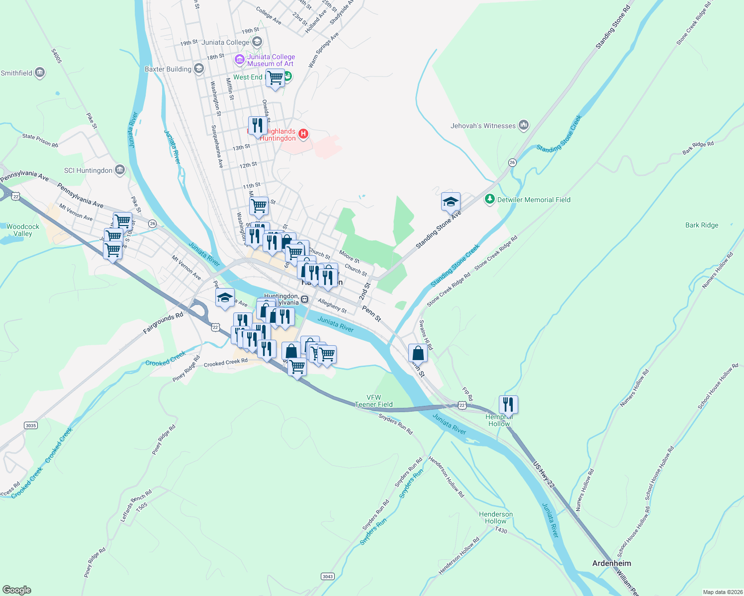 map of restaurants, bars, coffee shops, grocery stores, and more near Locust Ave in Huntingdon