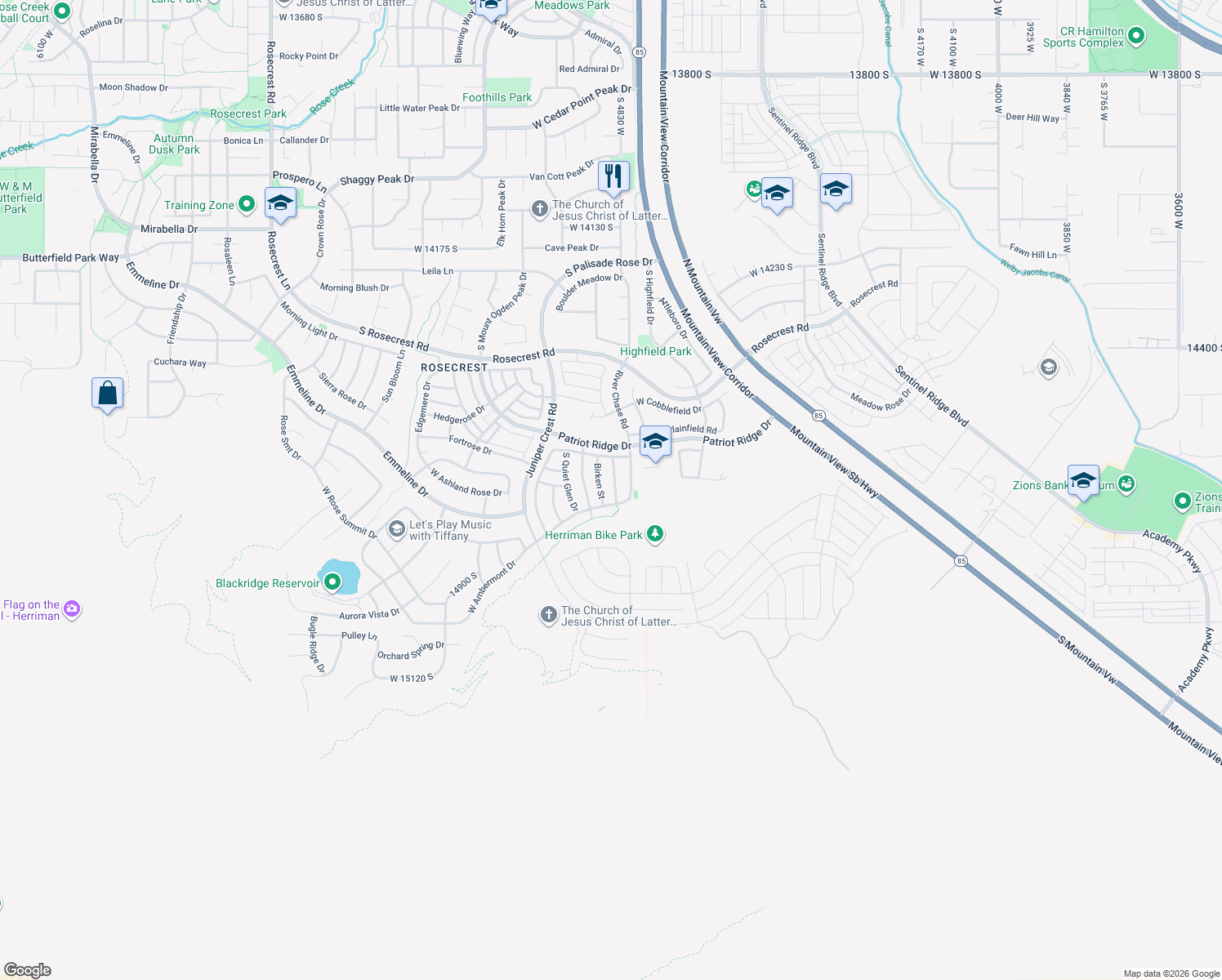 map of restaurants, bars, coffee shops, grocery stores, and more near 14714 South Bright Wood Road in Herriman