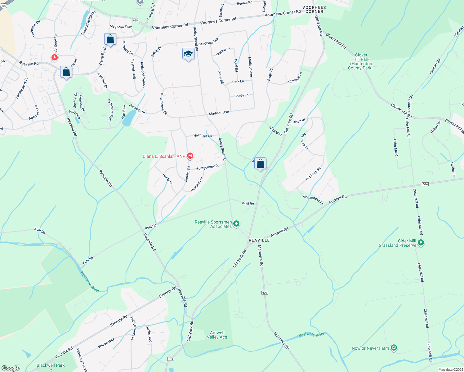 map of restaurants, bars, coffee shops, grocery stores, and more near 127 Barley Sheaf Road in Flemington