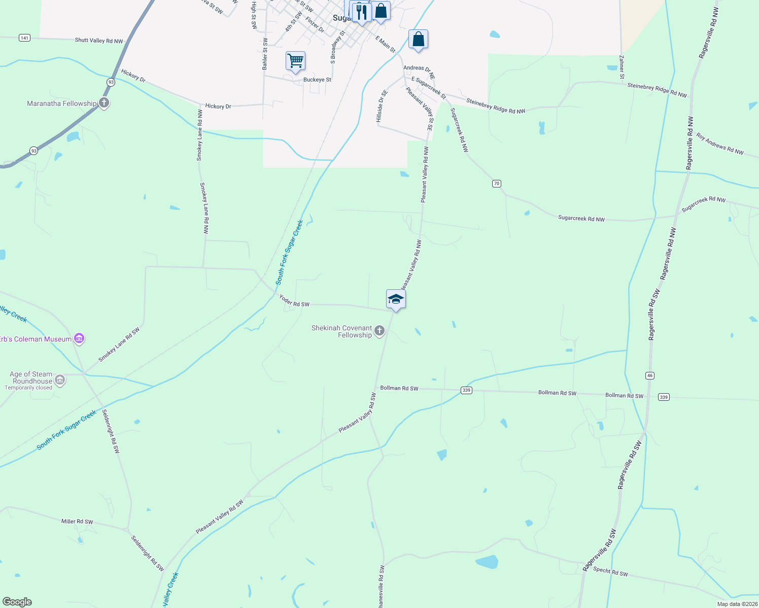map of restaurants, bars, coffee shops, grocery stores, and more near 9477 Yoder Road Southwest in Sugarcreek