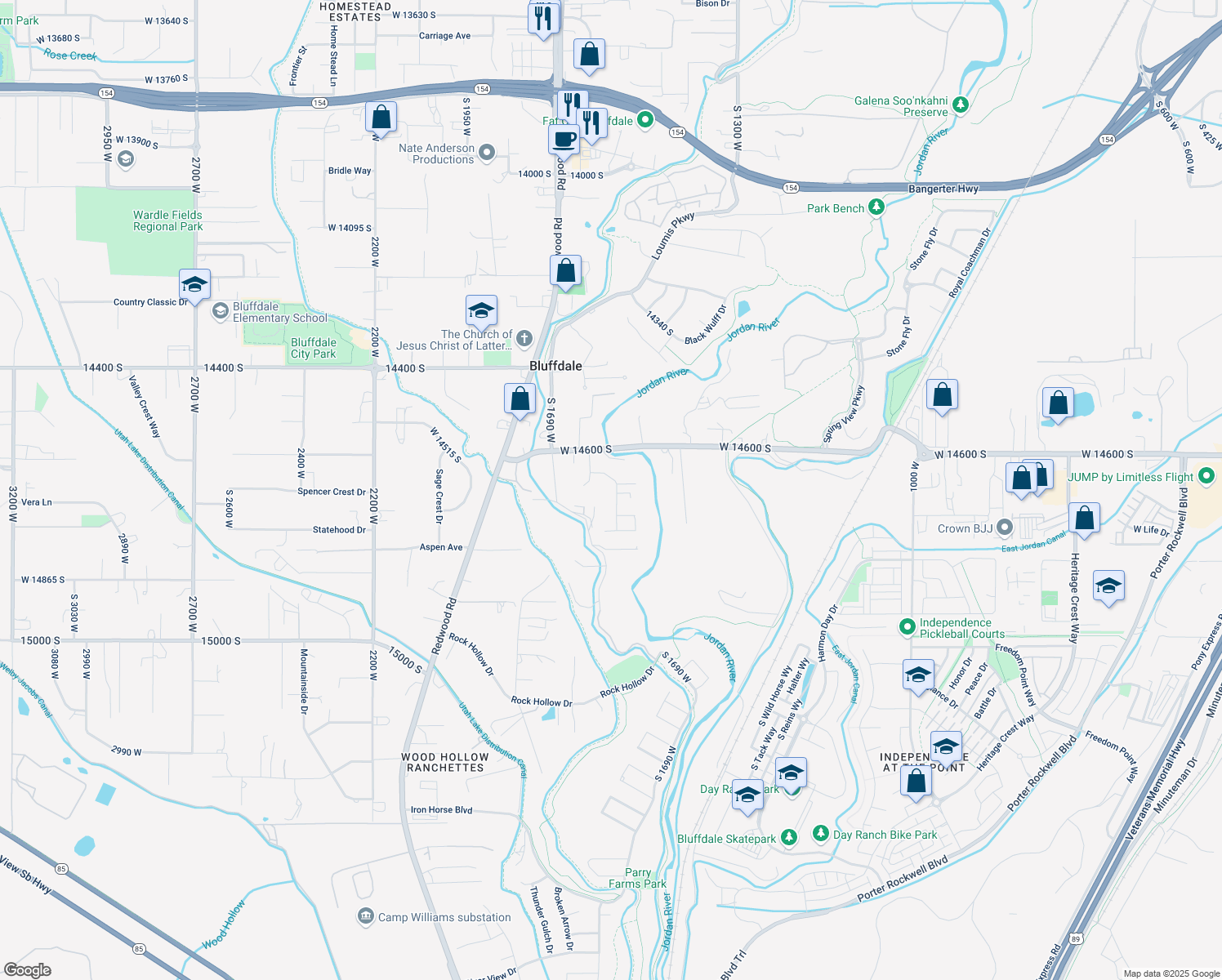 map of restaurants, bars, coffee shops, grocery stores, and more near 14686 River Willow Drive in Riverton