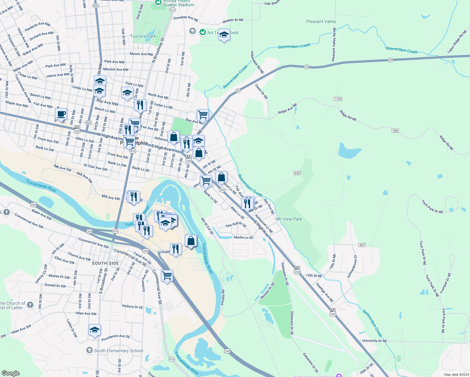 map of restaurants, bars, coffee shops, grocery stores, and more near 141 8th St NE in New Philadelphia