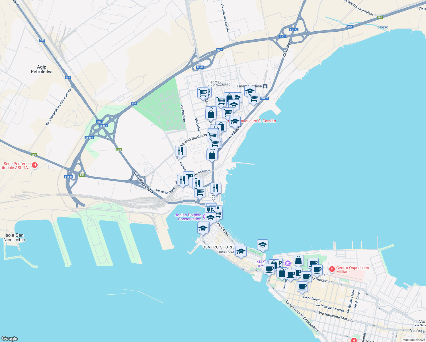 map of restaurants, bars, coffee shops, grocery stores, and more near 9 Via Raimondello Orsini in Taranto