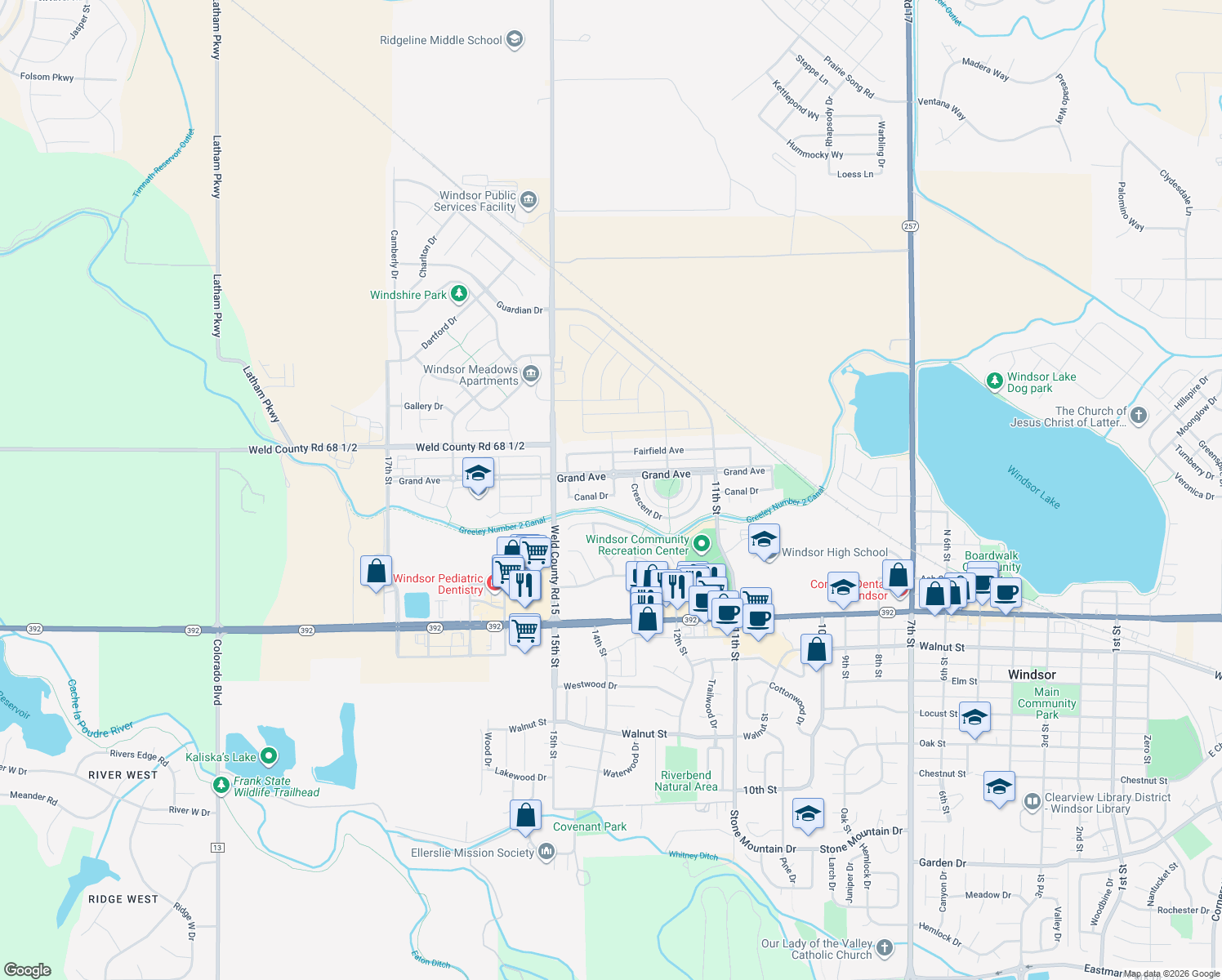 map of restaurants, bars, coffee shops, grocery stores, and more near 1402 Canal Dr in Windsor