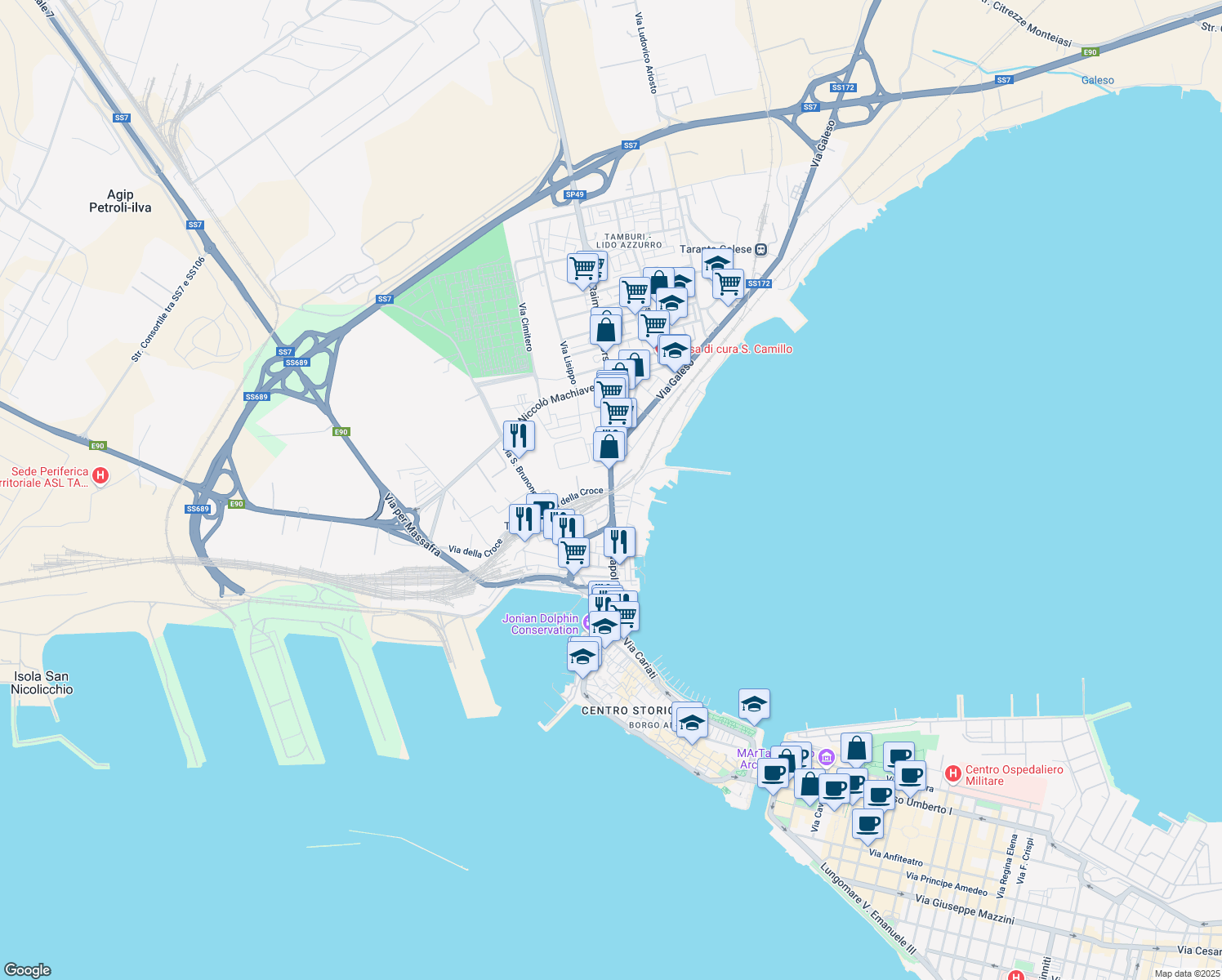 map of restaurants, bars, coffee shops, grocery stores, and more near 9 Via Raimondello Orsini in Taranto