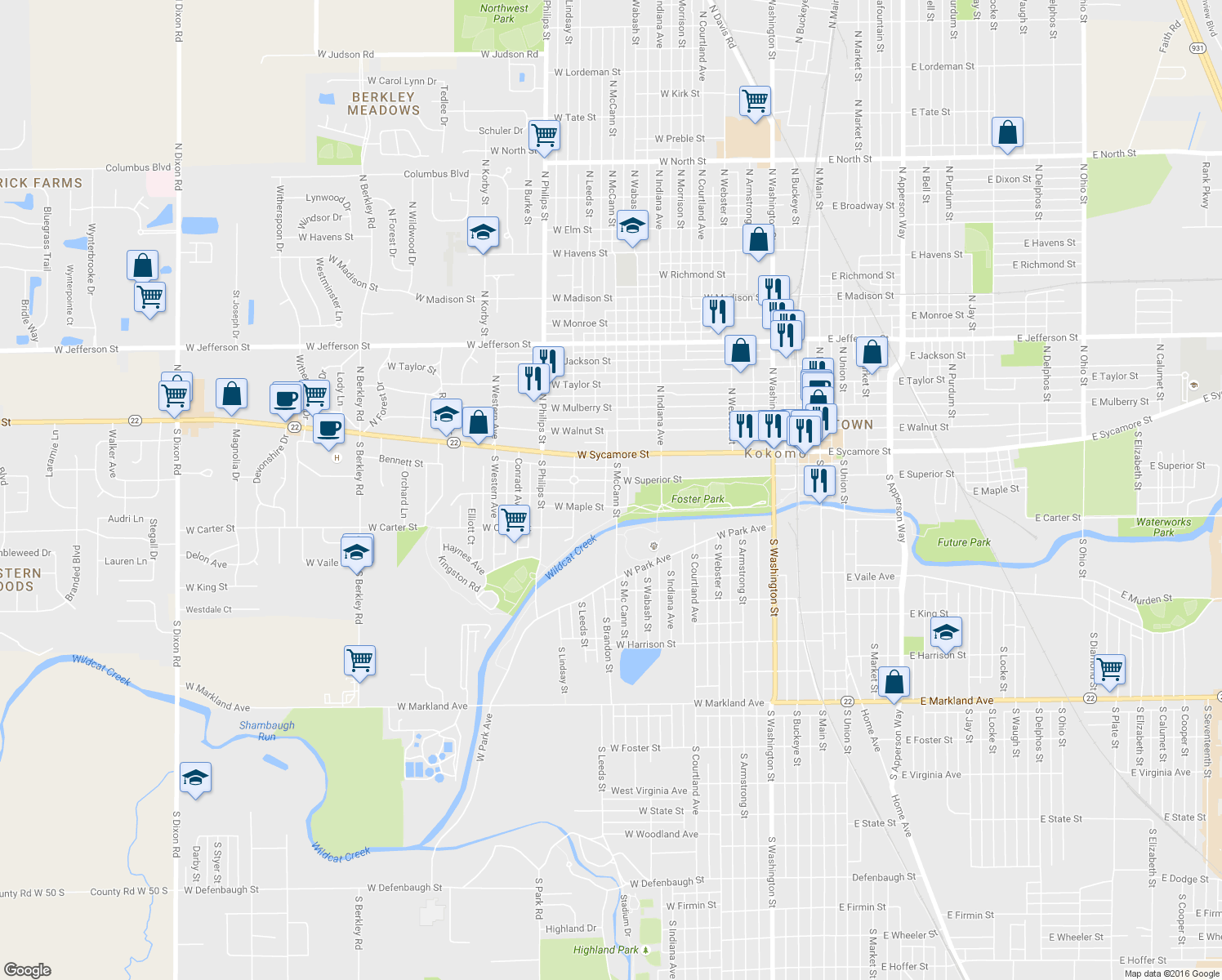 map of restaurants, bars, coffee shops, grocery stores, and more near 209 South McCann Street in Kokomo