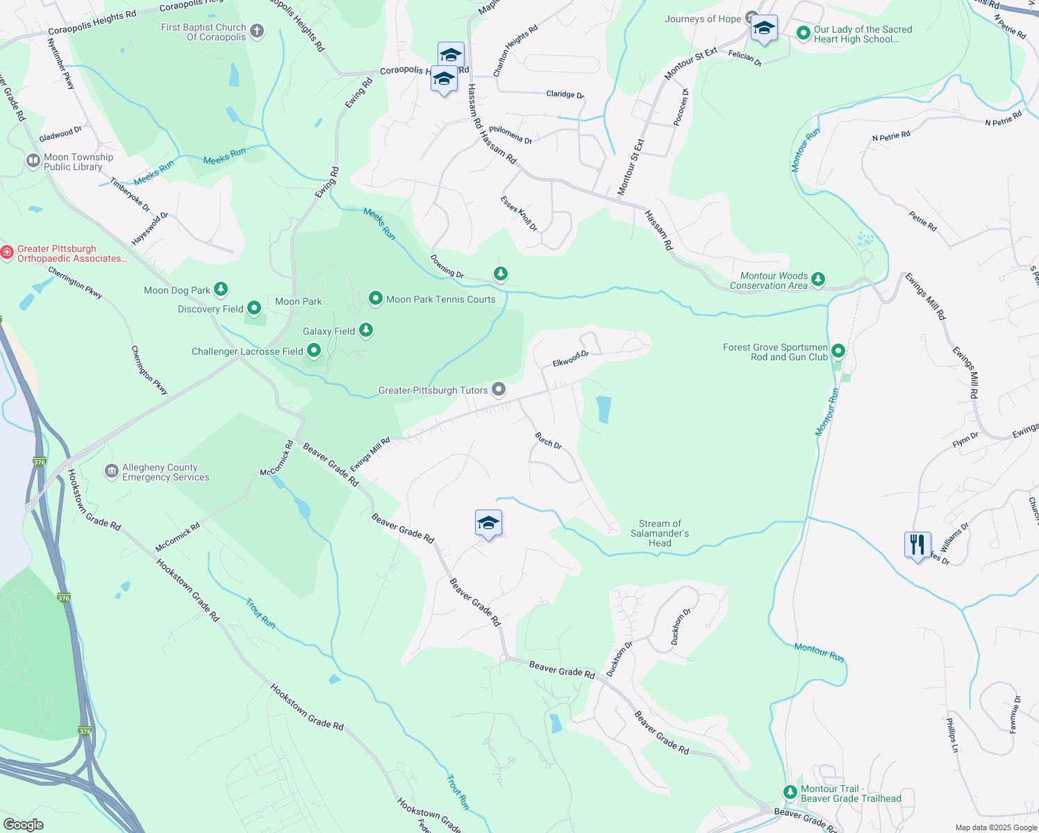map of restaurants, bars, coffee shops, grocery stores, and more near 202 Burch Drive in Coraopolis