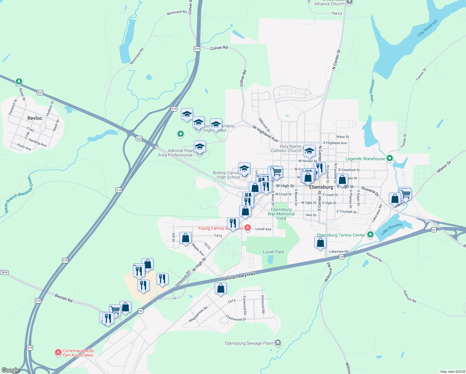 map of restaurants, bars, coffee shops, grocery stores, and more near 799 Benjamin Franklin Hwy in Ebensburg