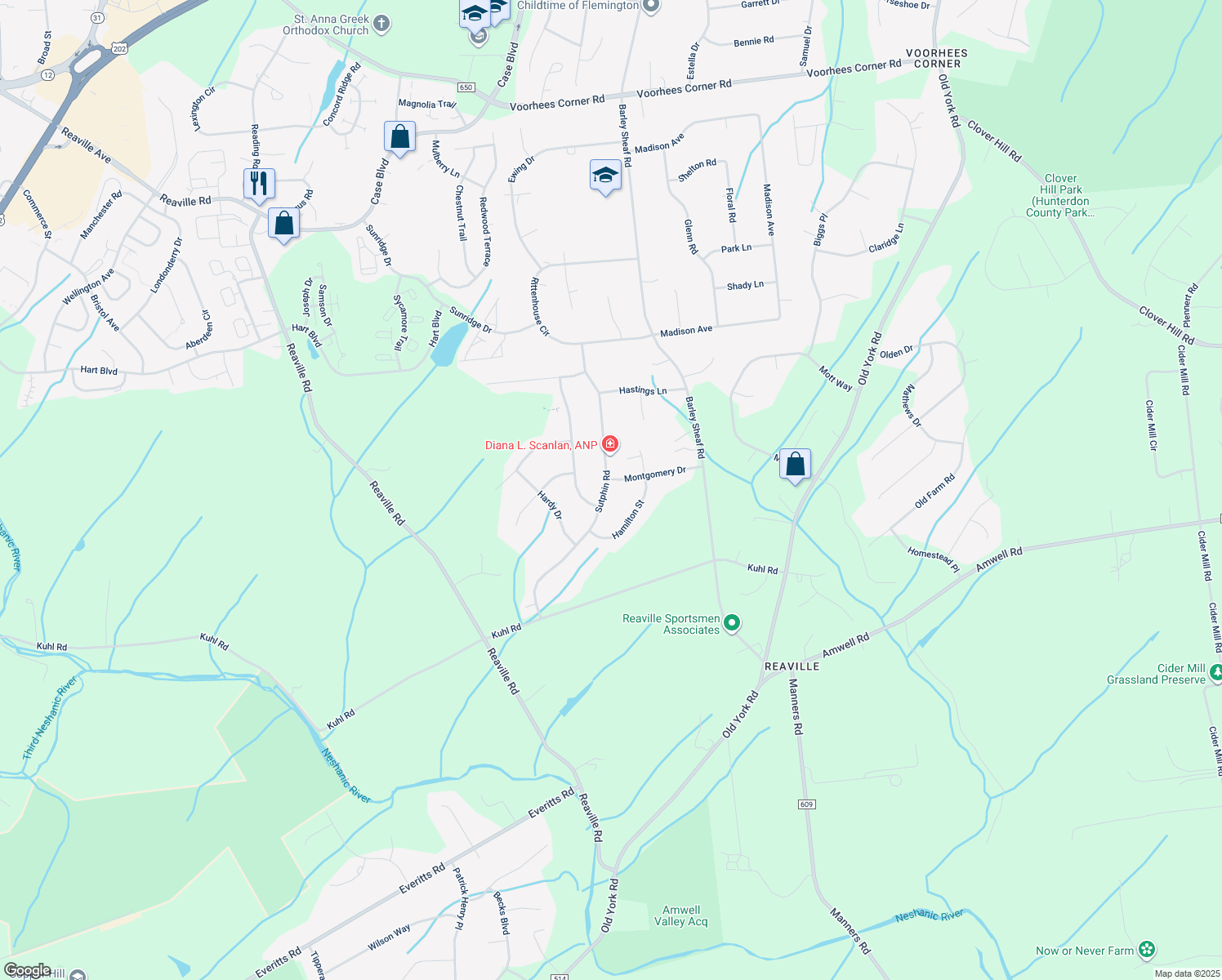map of restaurants, bars, coffee shops, grocery stores, and more near 26 Sutphin Road in Flemington