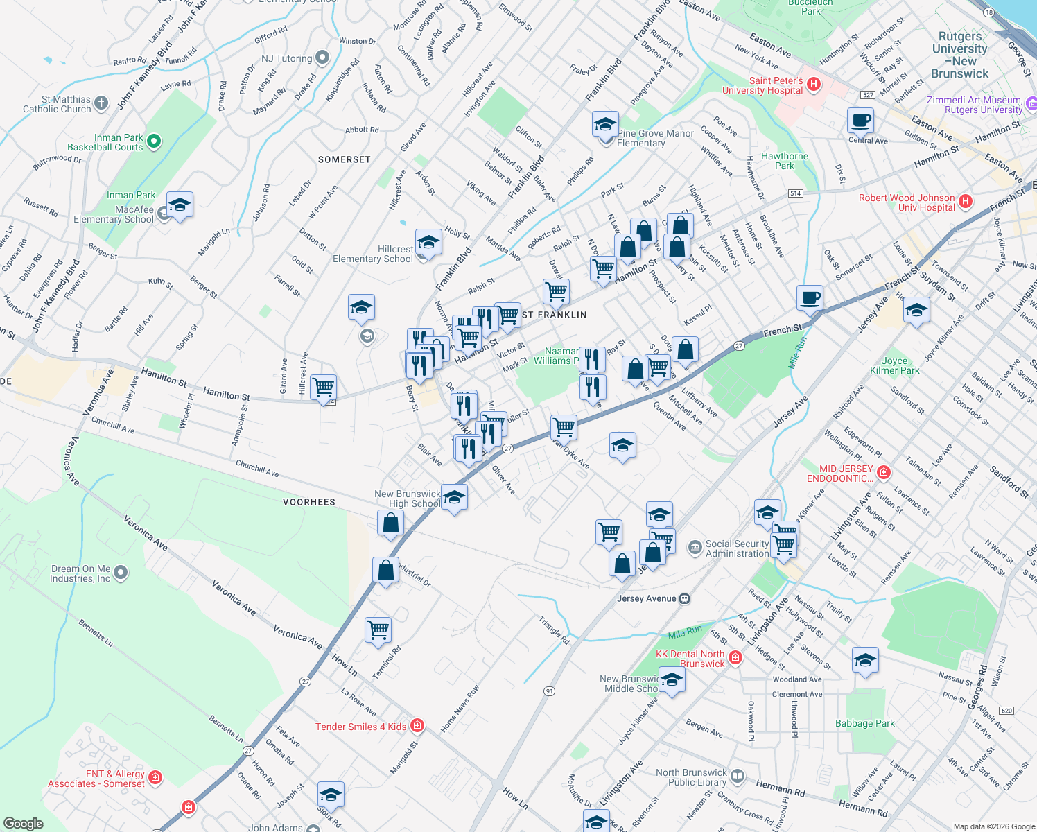 map of restaurants, bars, coffee shops, grocery stores, and more near 33 Fuller Street in Franklin Township