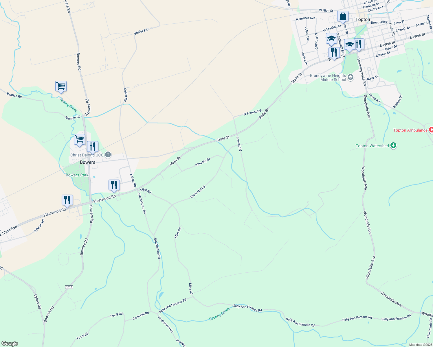 map of restaurants, bars, coffee shops, grocery stores, and more near 70 Cider Mill Rd in Mertztown