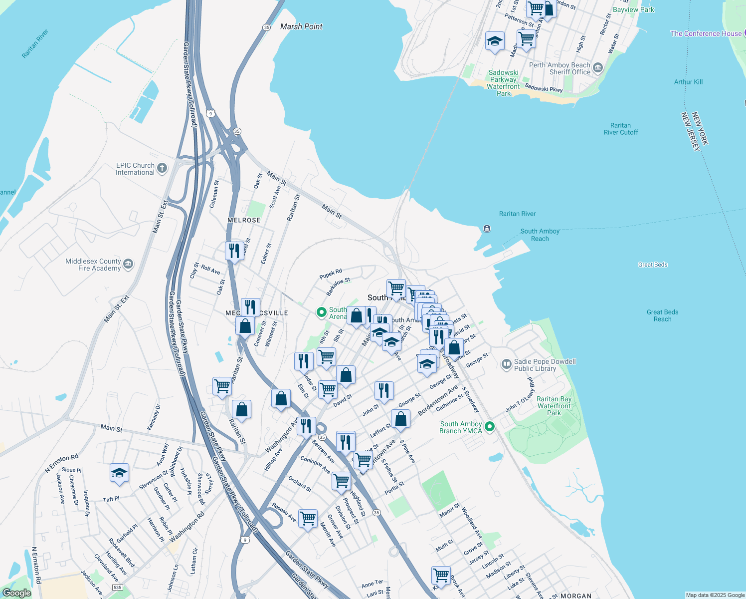 map of restaurants, bars, coffee shops, grocery stores, and more near 240 4th Street in South Amboy