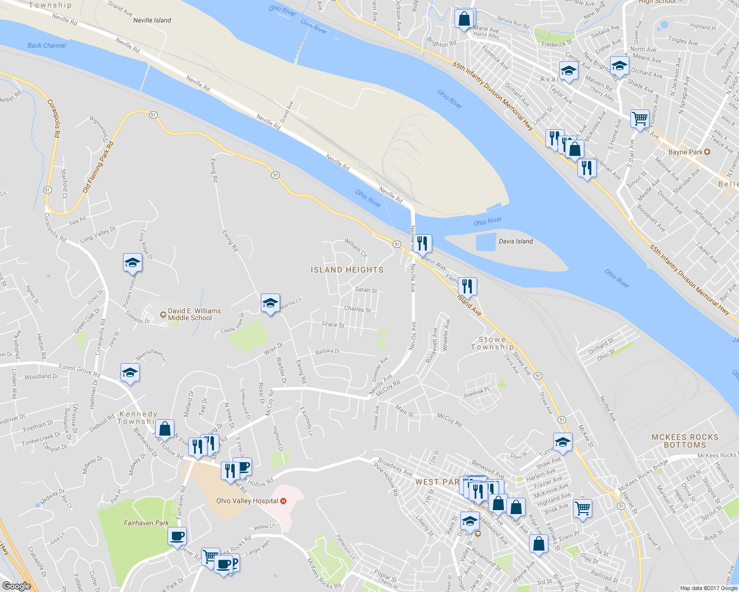 map of restaurants, bars, coffee shops, grocery stores, and more near 126 Euclid Avenue in McKees Rocks
