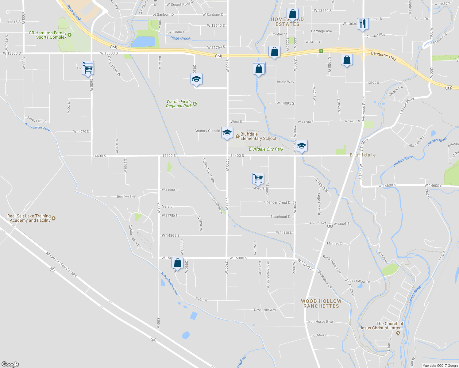 map of restaurants, bars, coffee shops, grocery stores, and more near 14563 2700 West in Riverton