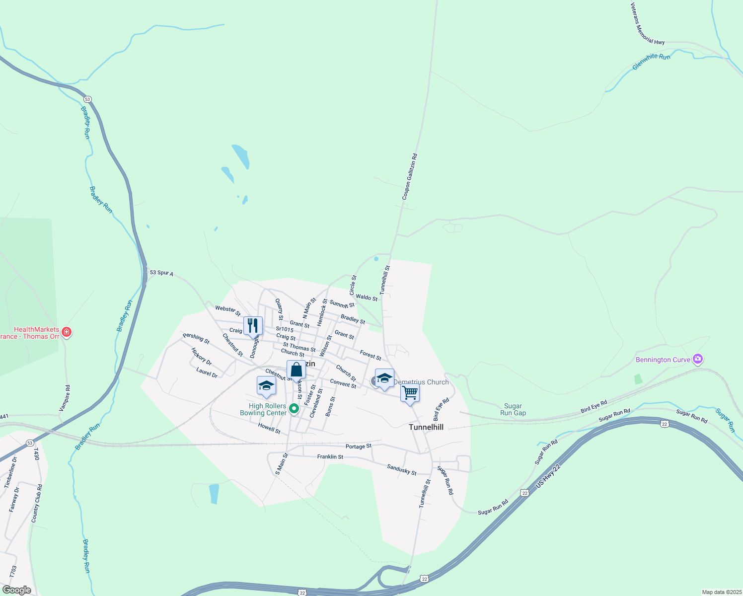 map of restaurants, bars, coffee shops, grocery stores, and more near 613 Waldo St in Gallitzin