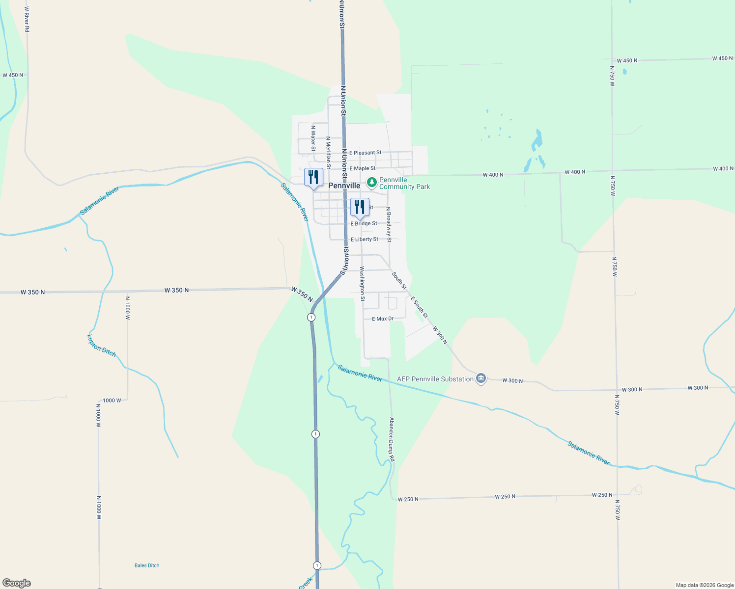 map of restaurants, bars, coffee shops, grocery stores, and more near 220 East 2nd Street in Pennville