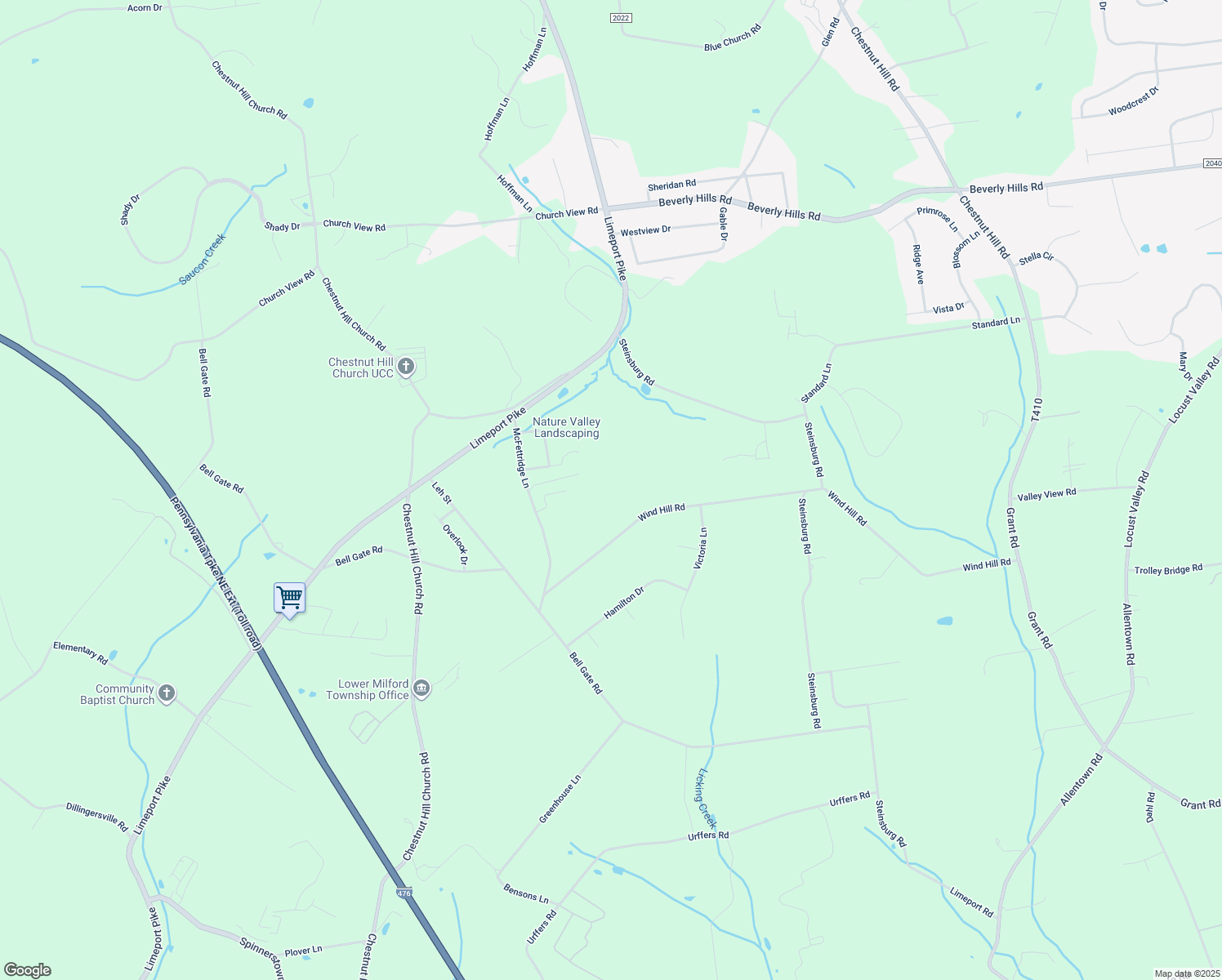 map of restaurants, bars, coffee shops, grocery stores, and more near 1955 Wind Hill Road in Coopersburg