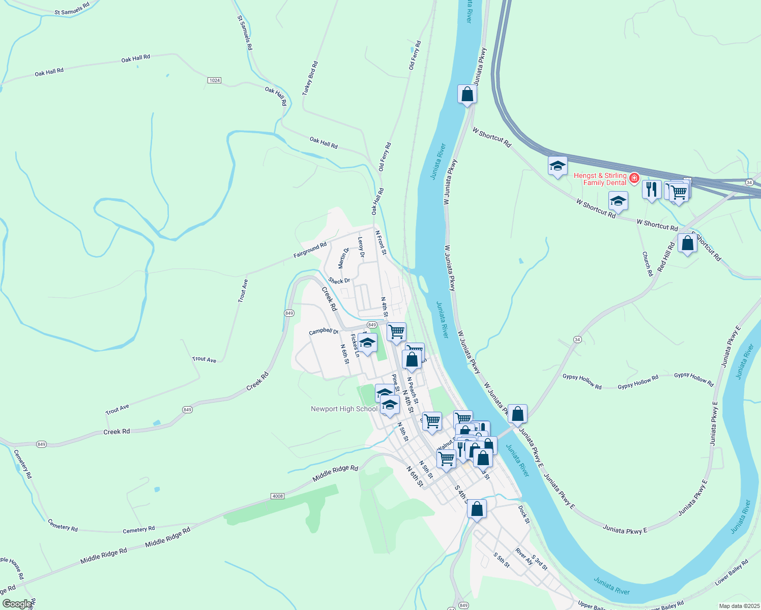 map of restaurants, bars, coffee shops, grocery stores, and more near 424 Juniata Heights Road in Newport