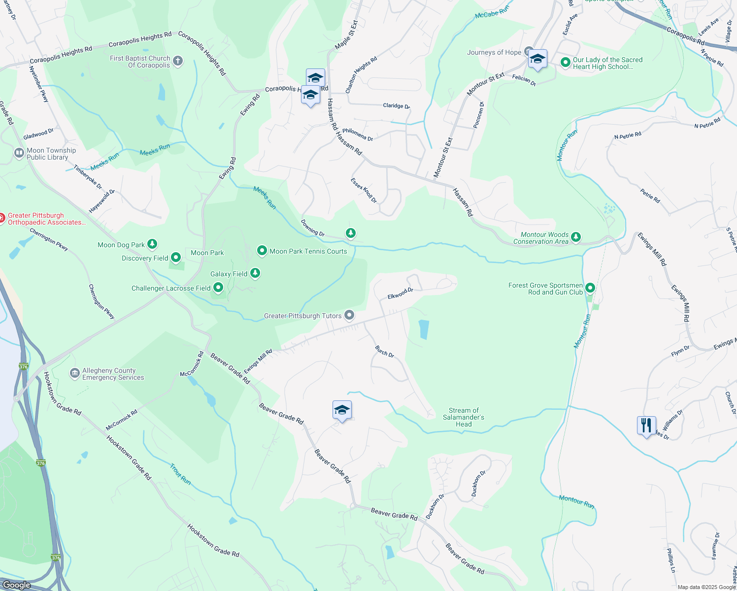 map of restaurants, bars, coffee shops, grocery stores, and more near 114 Norman Drive in Coraopolis