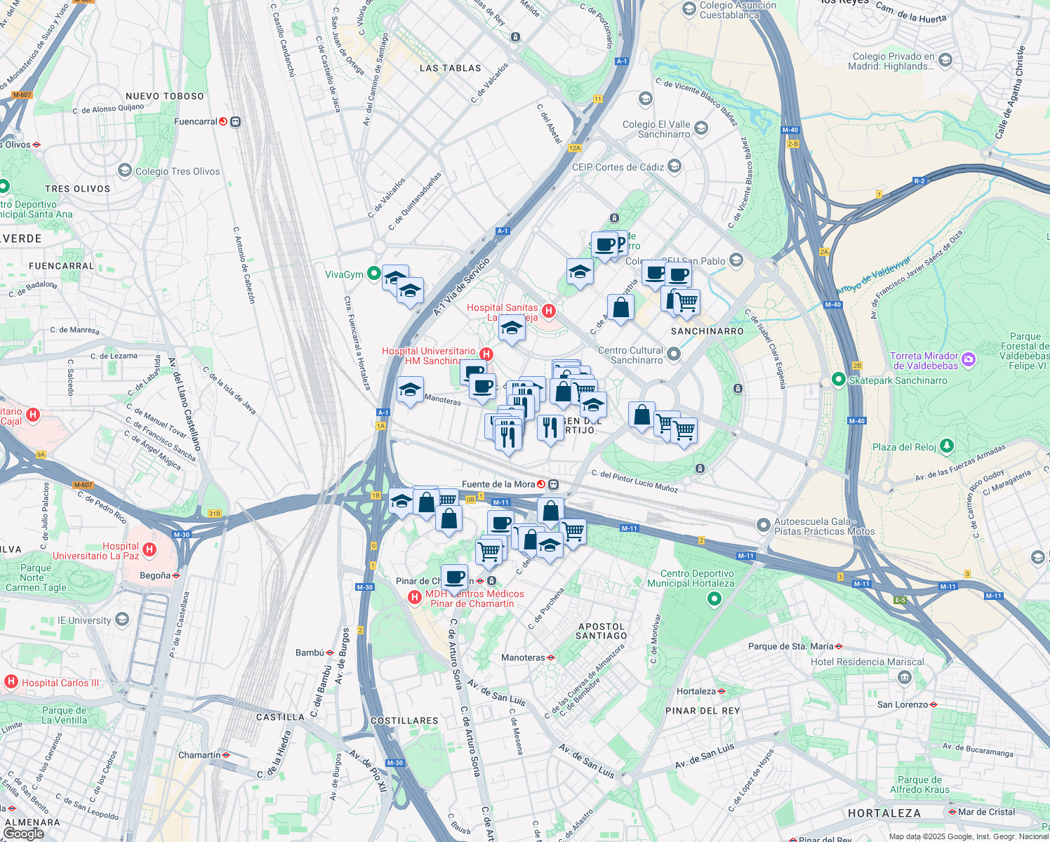 map of restaurants, bars, coffee shops, grocery stores, and more near 46 Avenida de Manoteras in Madrid