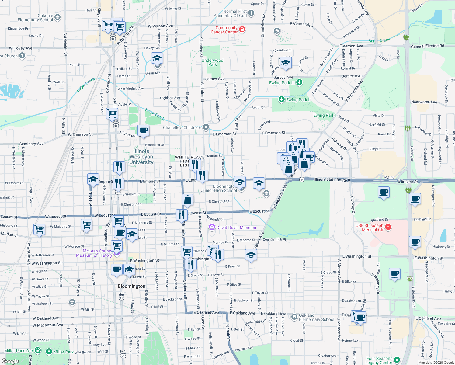 map of restaurants, bars, coffee shops, grocery stores, and more near 913 E Empire St in Bloomington