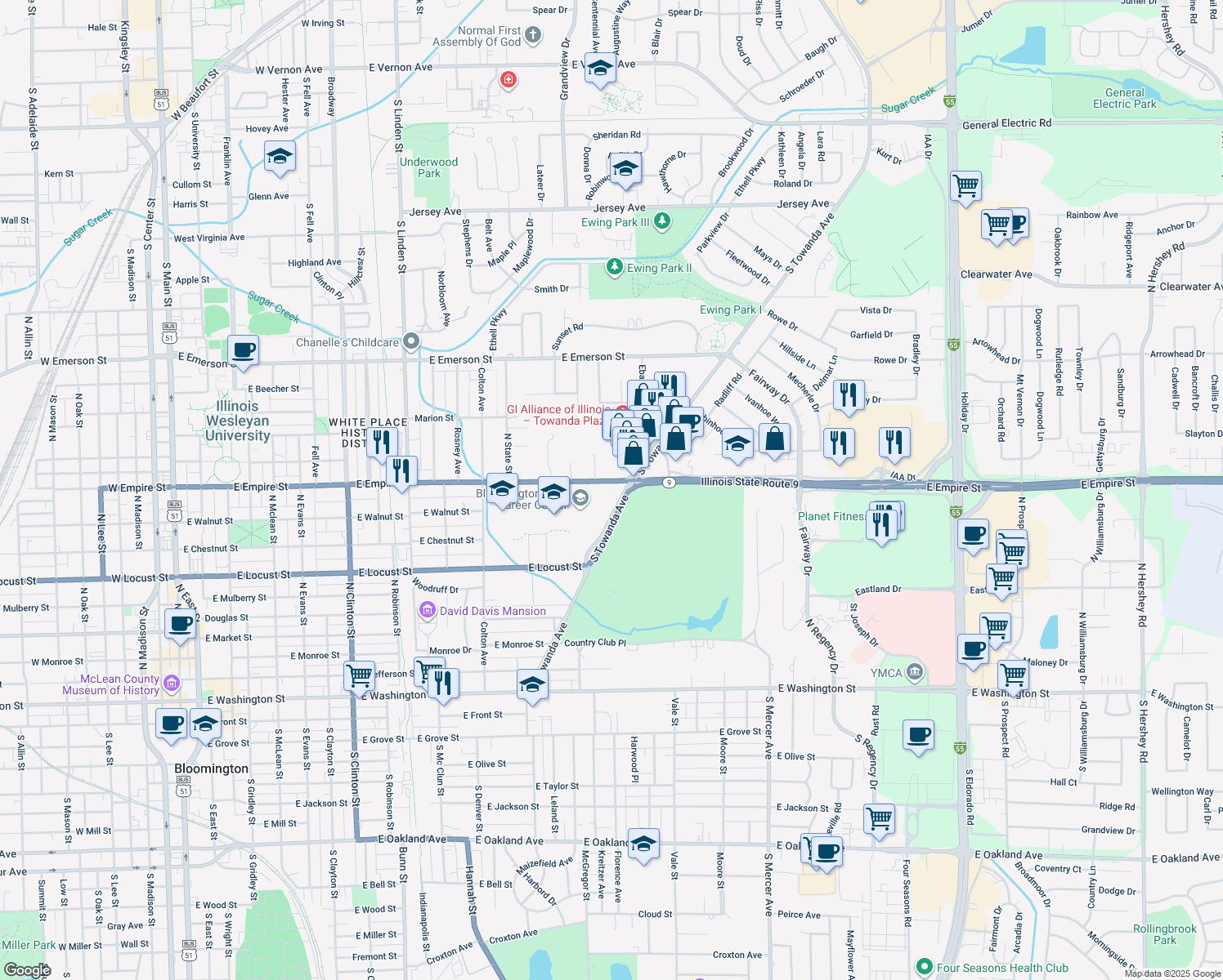 map of restaurants, bars, coffee shops, grocery stores, and more near 1239 E Empire St in Bloomington