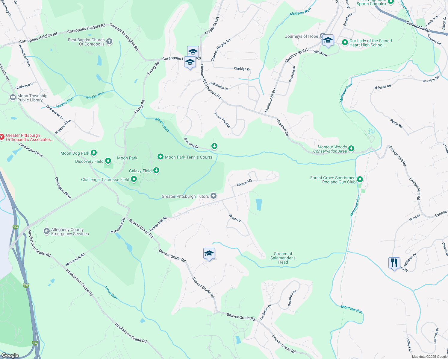 map of restaurants, bars, coffee shops, grocery stores, and more near 114 Norman Drive in Coraopolis