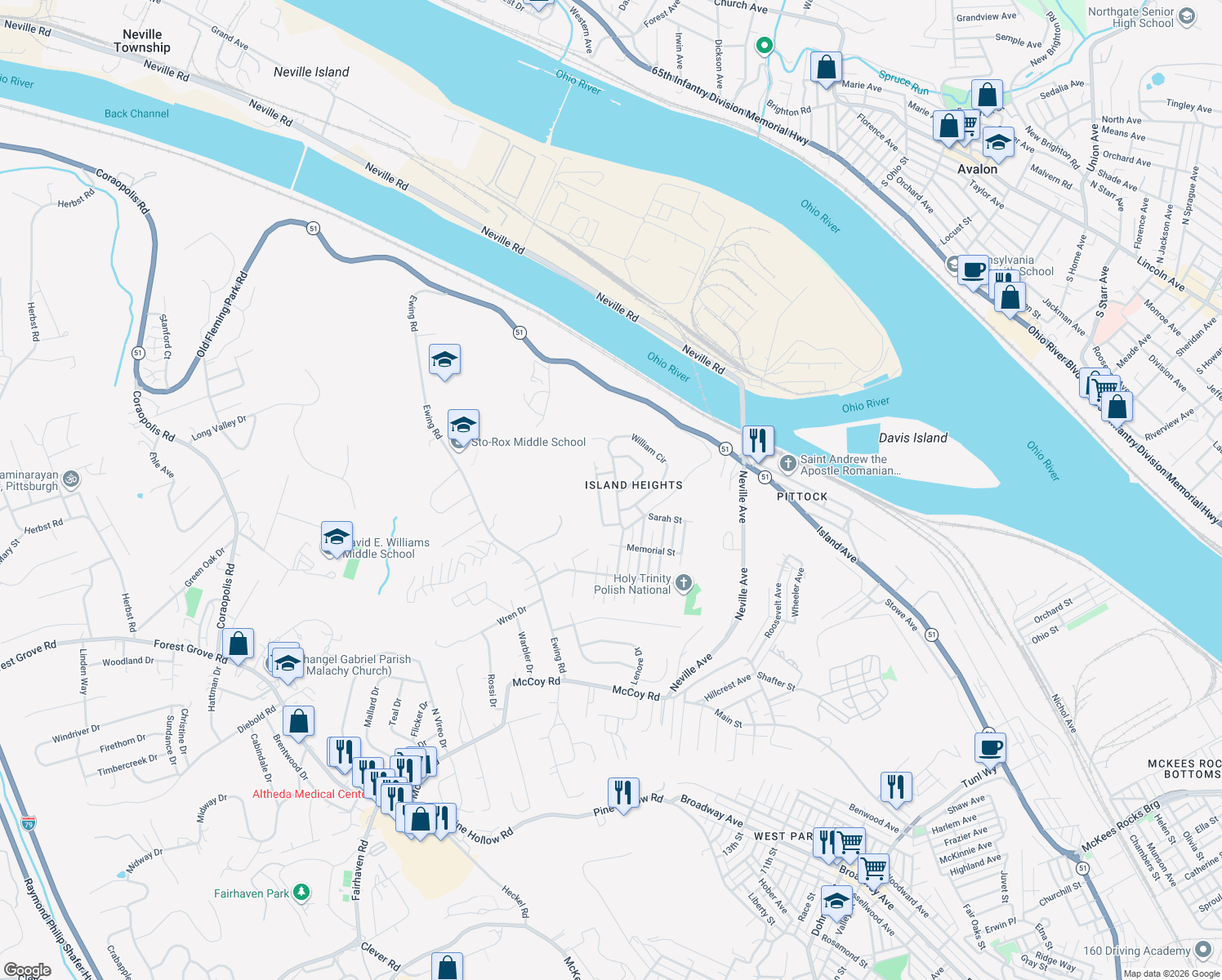 map of restaurants, bars, coffee shops, grocery stores, and more near 115 William Circle in McKees Rocks