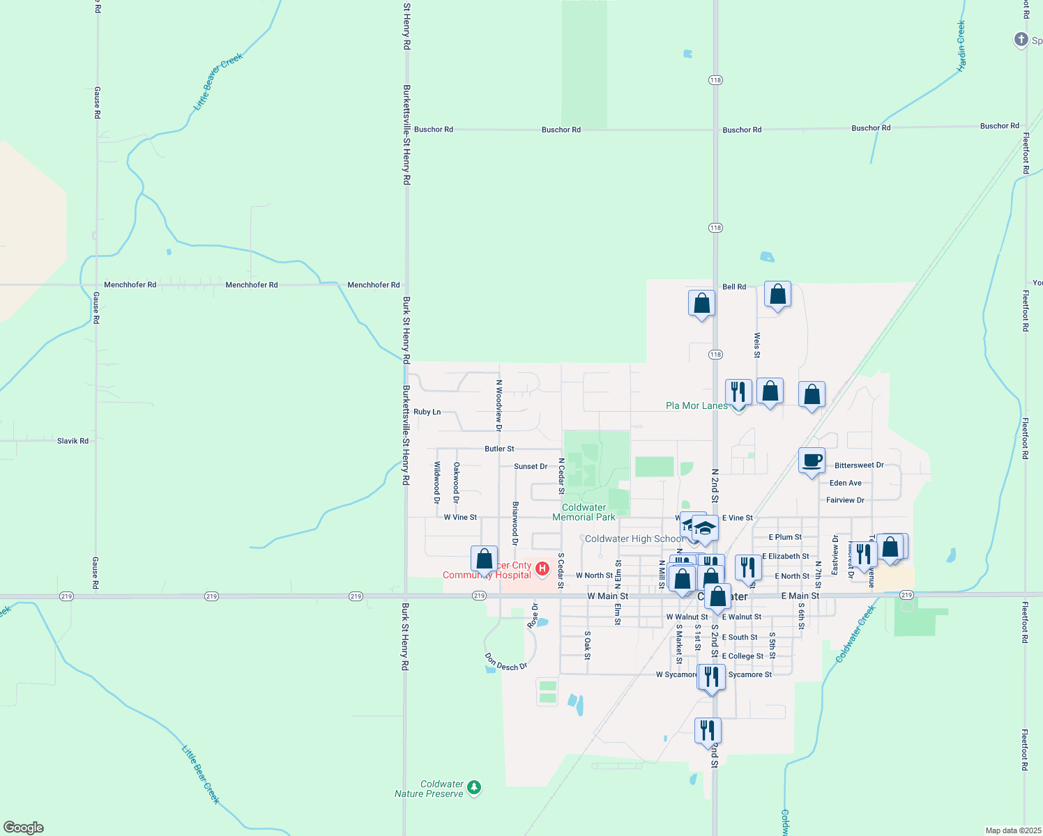 map of restaurants, bars, coffee shops, grocery stores, and more near 801 Opal Dr in Coldwater