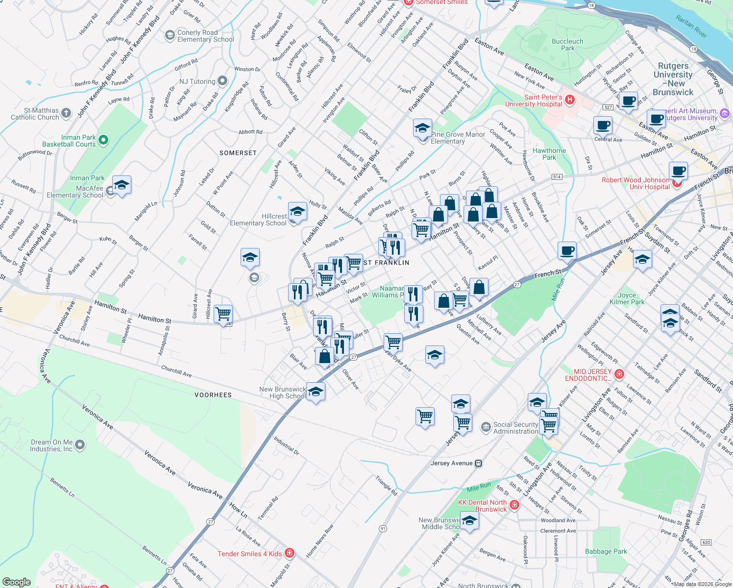 map of restaurants, bars, coffee shops, grocery stores, and more near 133 Mark Street in Franklin Township