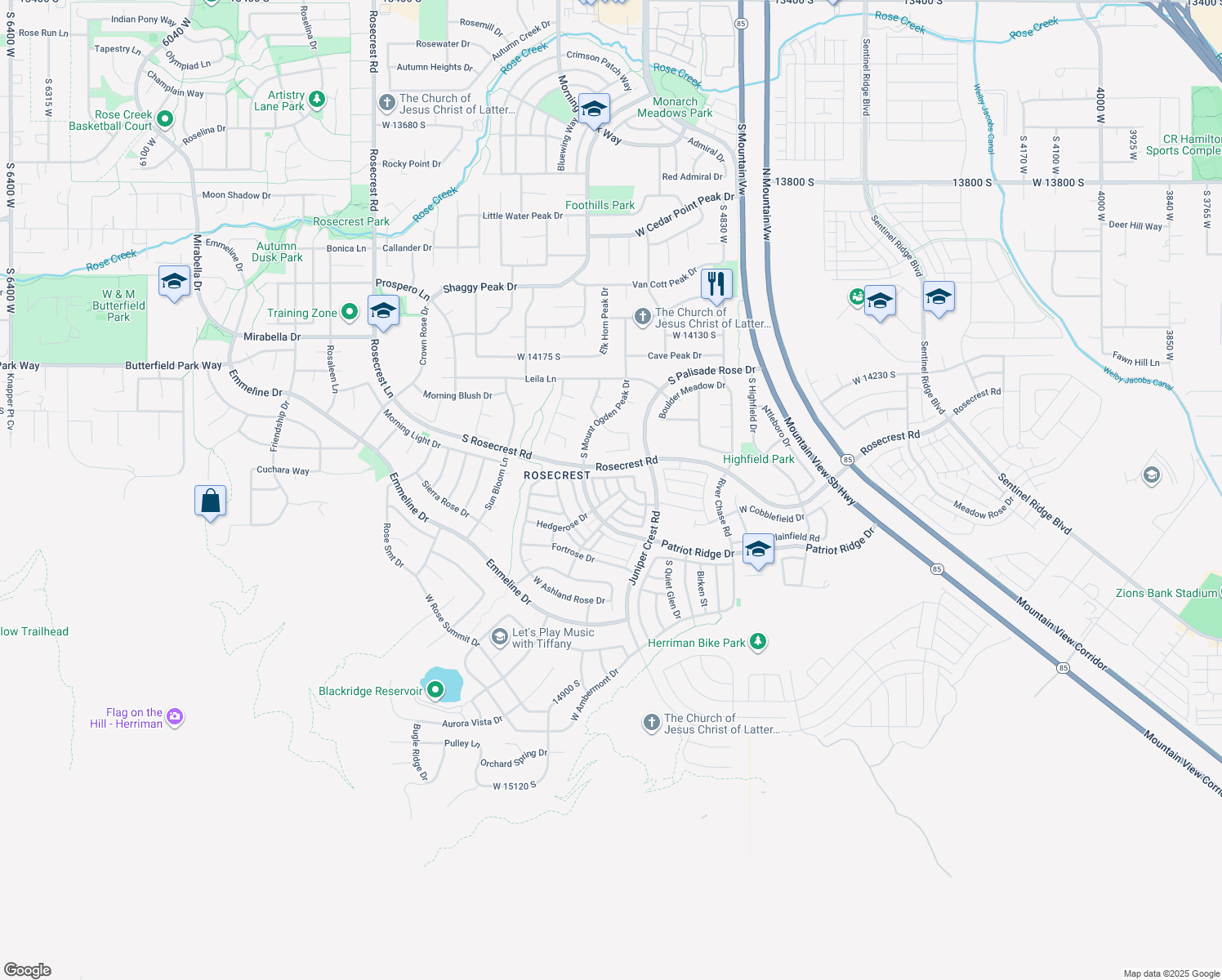 map of restaurants, bars, coffee shops, grocery stores, and more near 14479 Entrada Rim Lane in Herriman