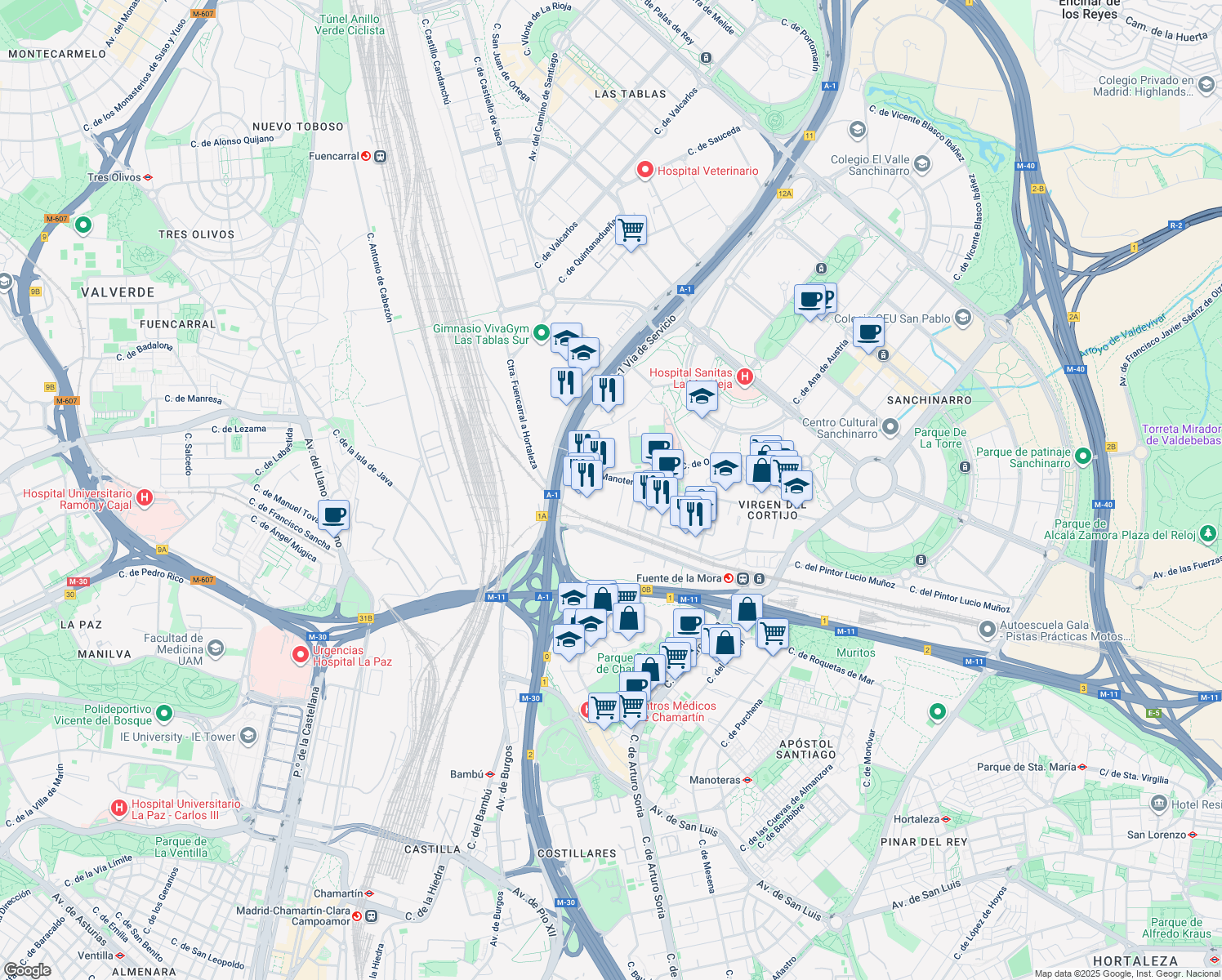 map of restaurants, bars, coffee shops, grocery stores, and more near 12 Avenida de Manoteras in Madrid