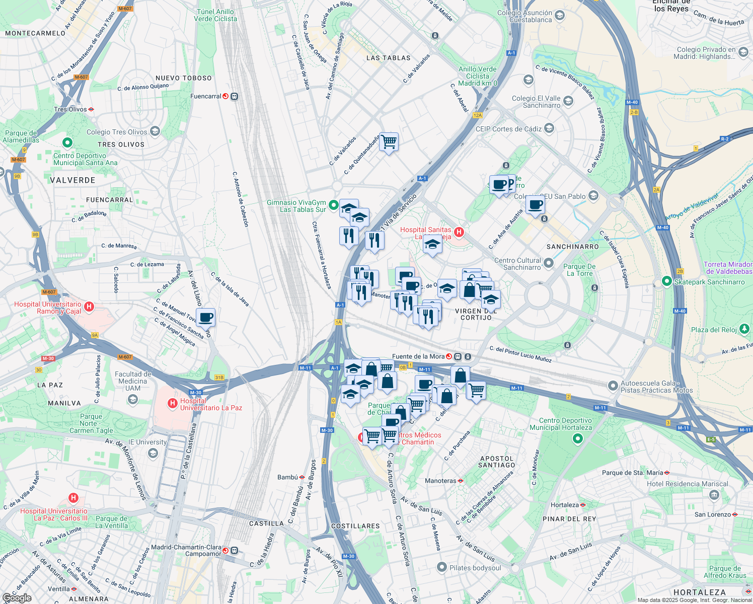map of restaurants, bars, coffee shops, grocery stores, and more near 12 Avenida de Manoteras in Madrid