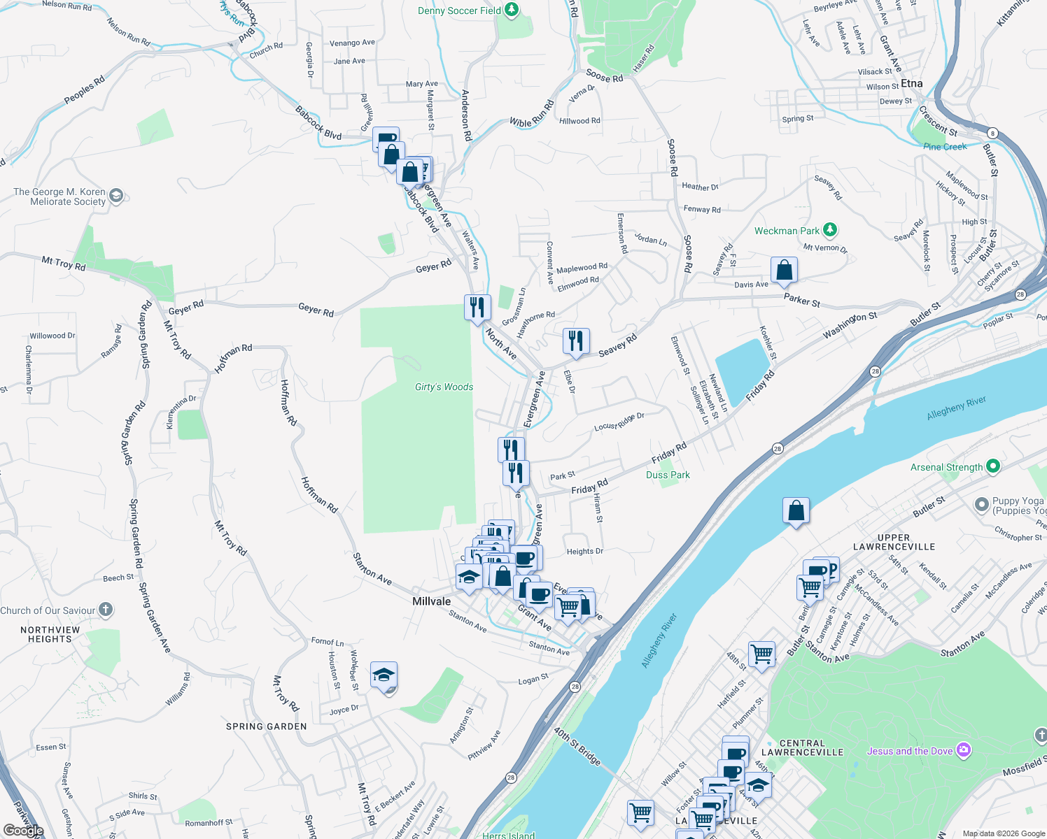 map of restaurants, bars, coffee shops, grocery stores, and more near 811 Evergreen Avenue in Pittsburgh