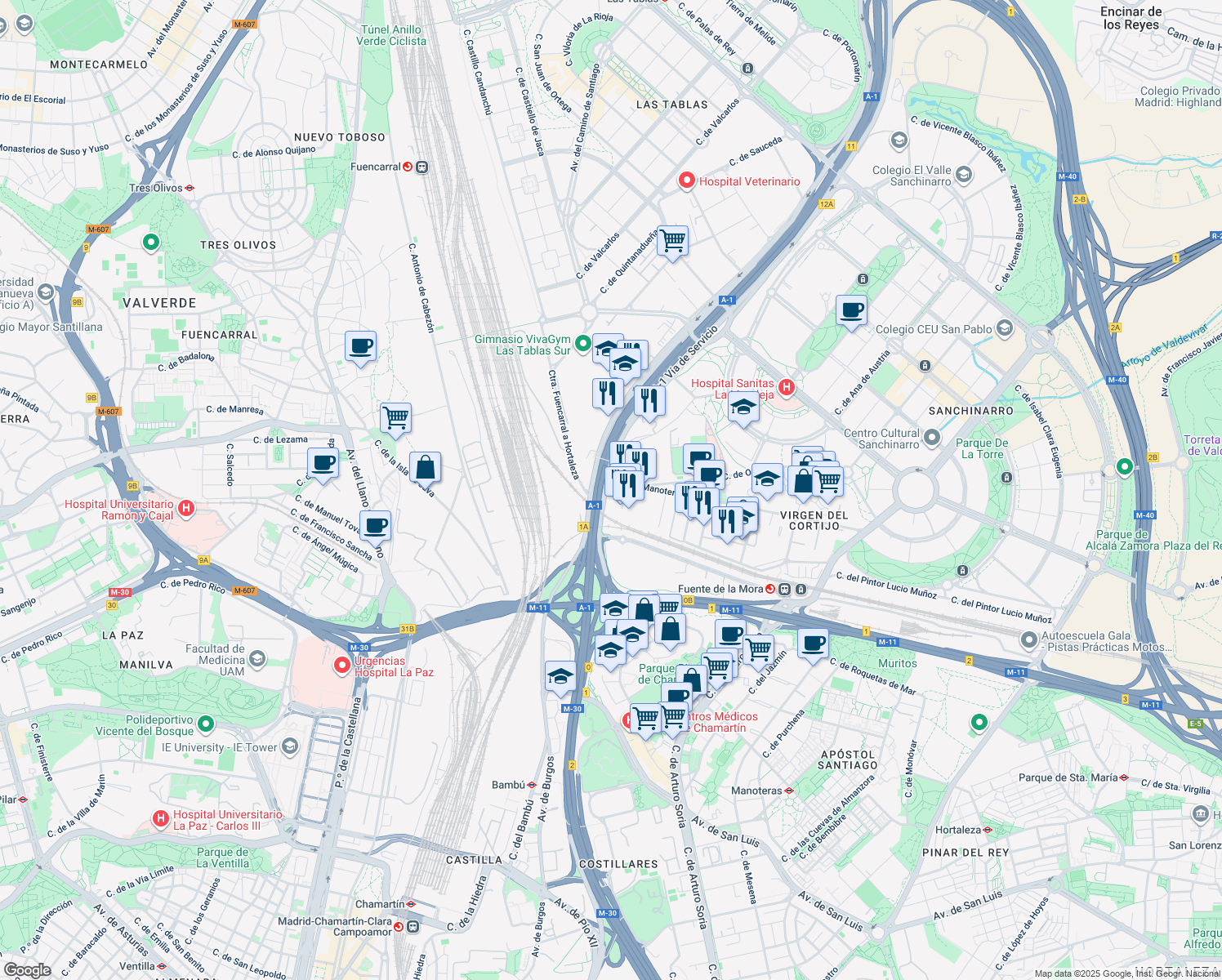 map of restaurants, bars, coffee shops, grocery stores, and more near 118 Avenida de Burgos in Madrid