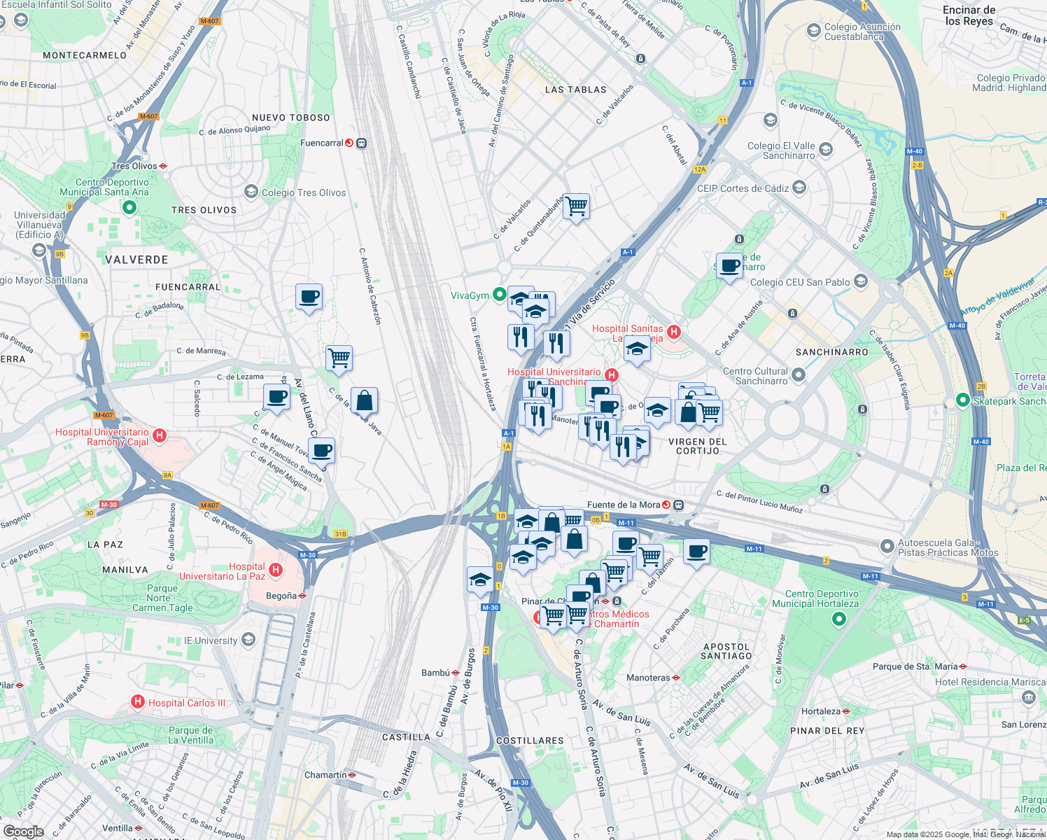 map of restaurants, bars, coffee shops, grocery stores, and more near 118 Avenida de Burgos in Madrid