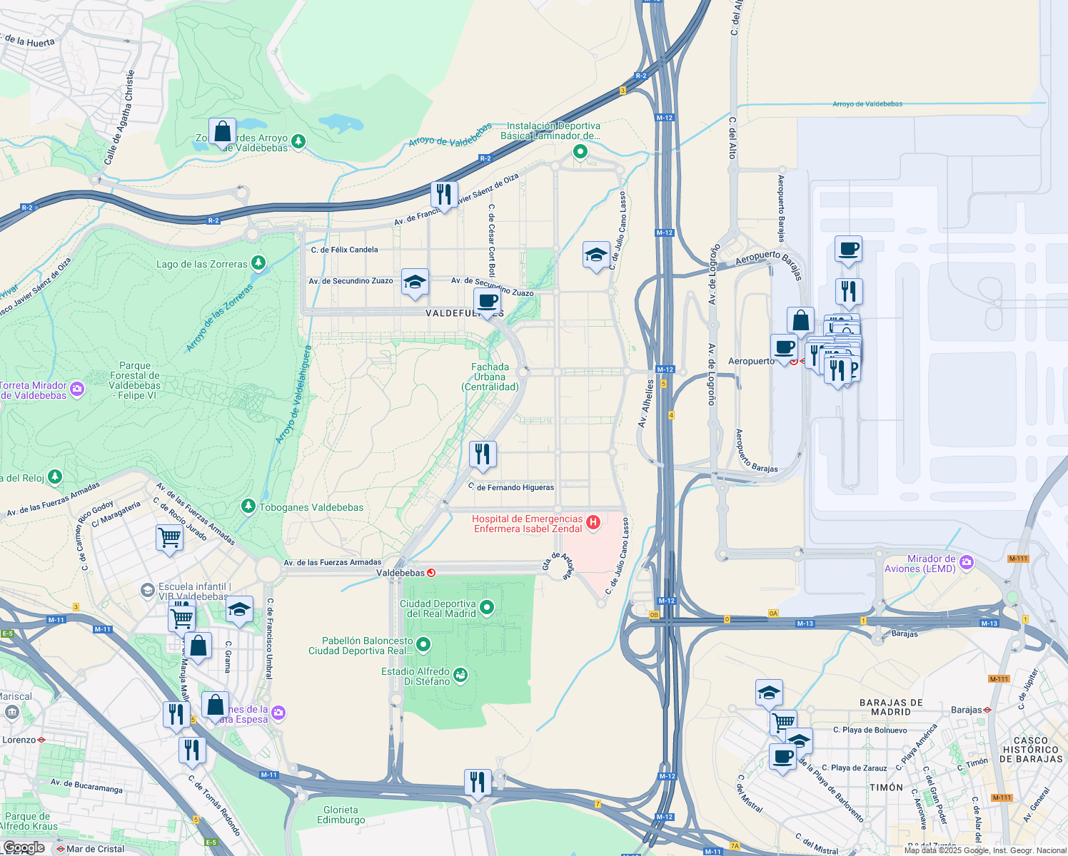 map of restaurants, bars, coffee shops, grocery stores, and more near 28 Calle de Estanislao Pérez Pita in Madrid