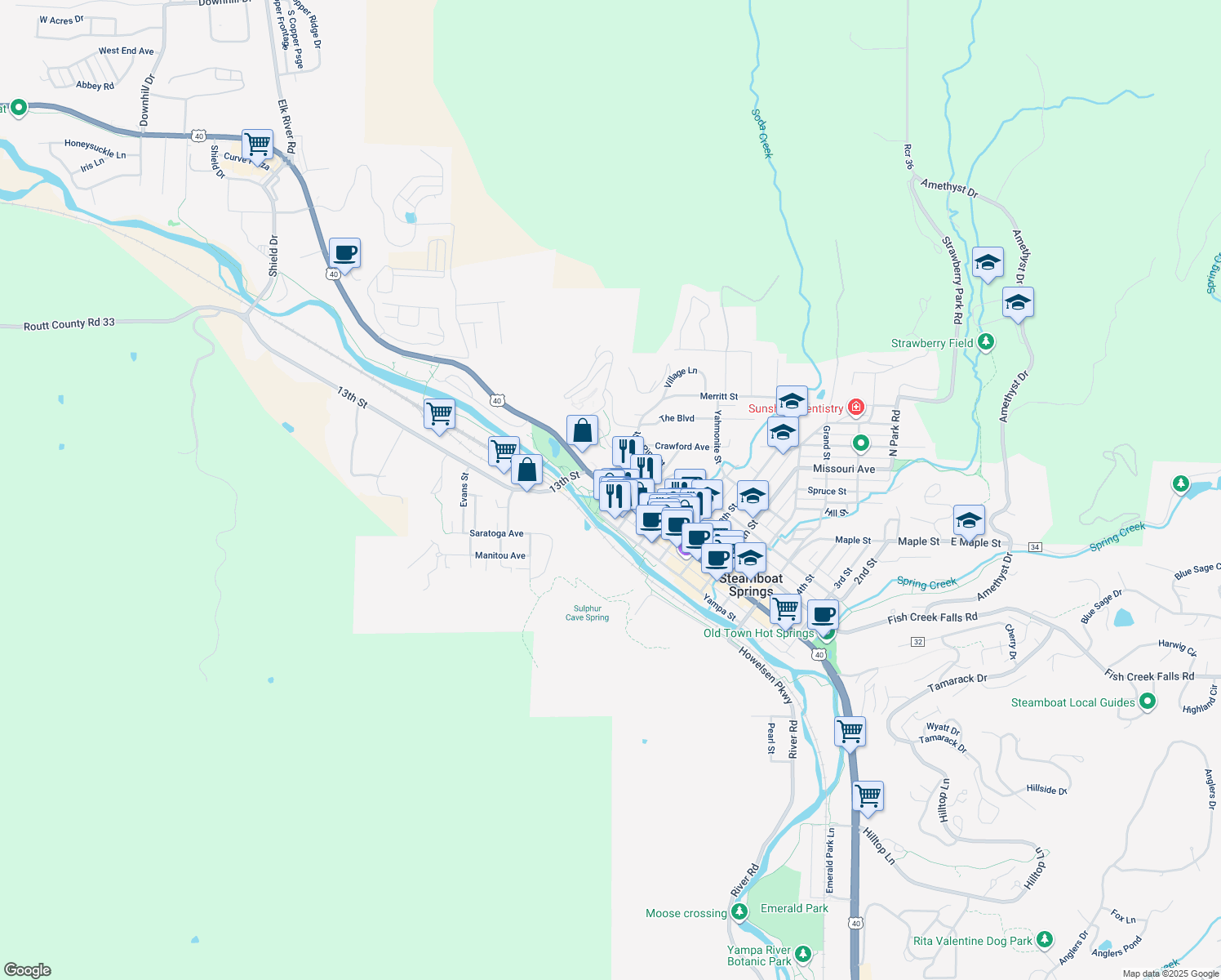 map of restaurants, bars, coffee shops, grocery stores, and more near 1201 Lincoln Avenue in Steamboat Springs