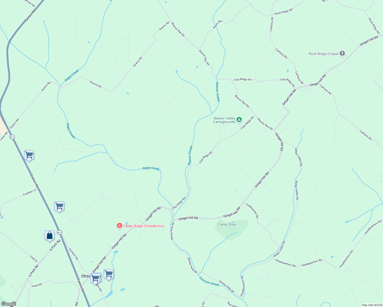 map of restaurants, bars, coffee shops, grocery stores, and more near 116 Clay Ridge Road in Ottsville