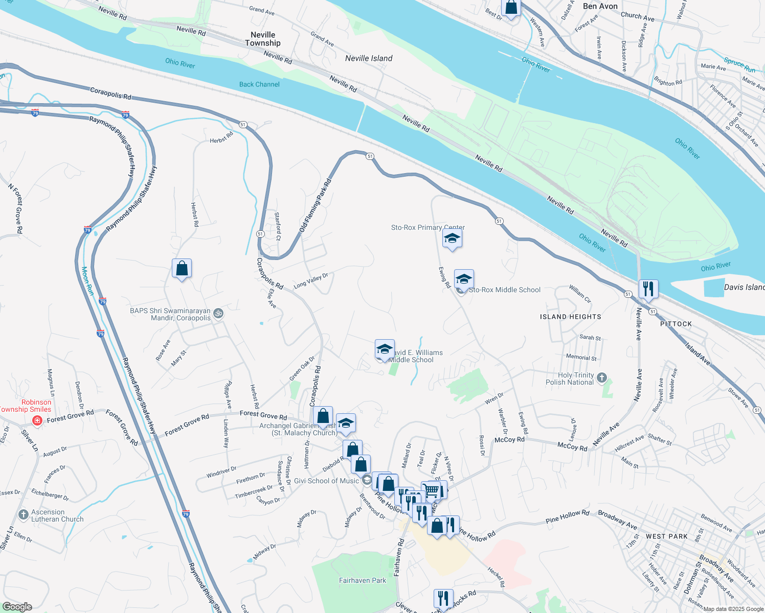 map of restaurants, bars, coffee shops, grocery stores, and more near 241 Long Ridge Drive in Coraopolis