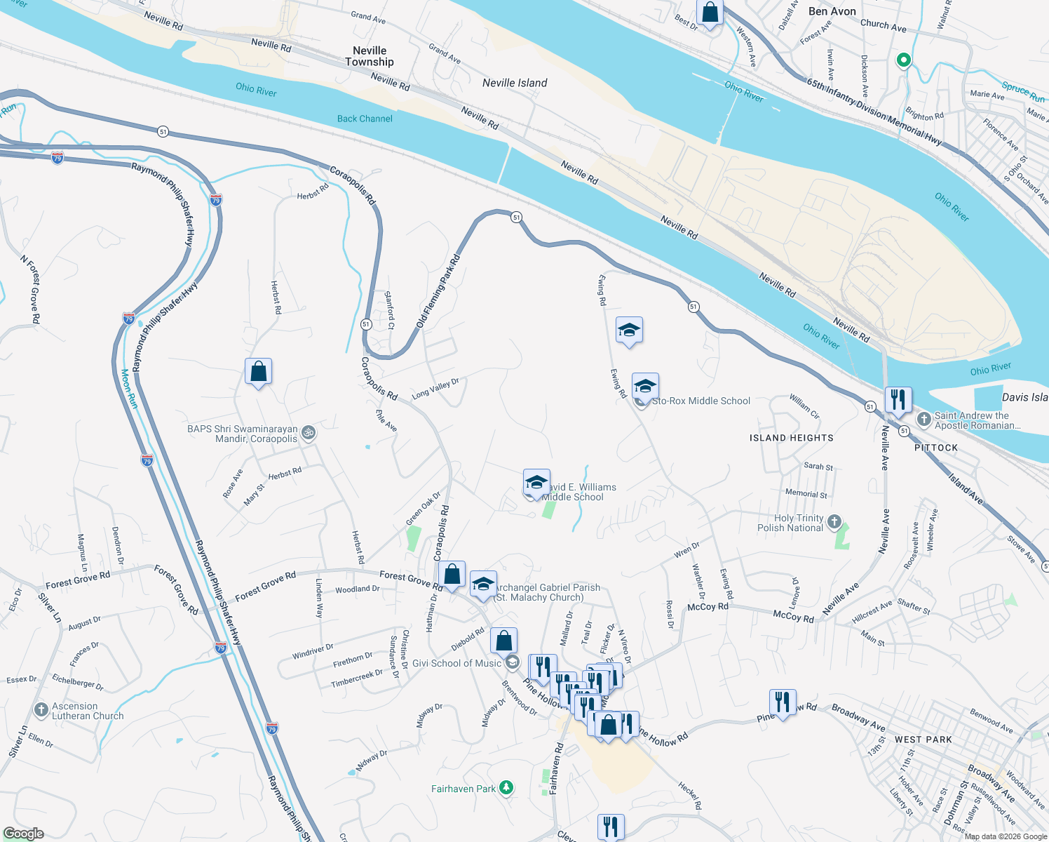 map of restaurants, bars, coffee shops, grocery stores, and more near 107 Beechwood Circle in Coraopolis